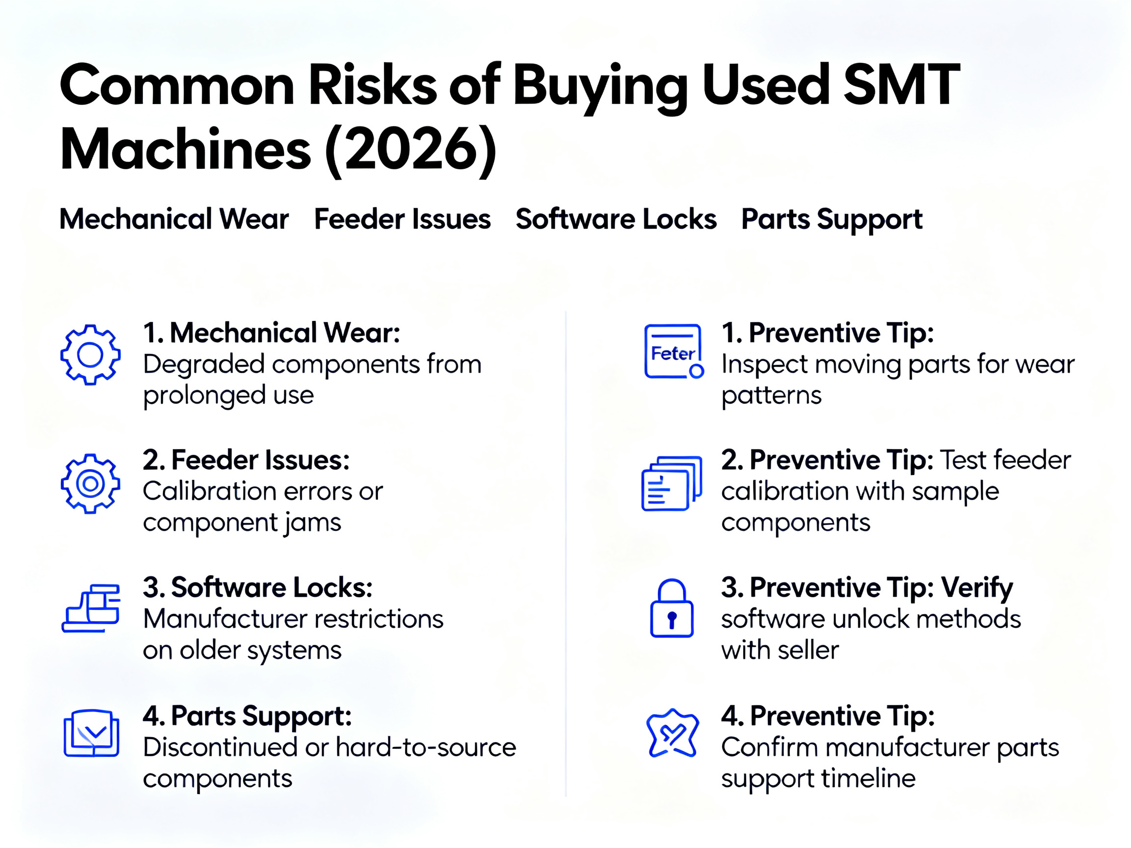 Minimal engineering infographic highlighting common risks of buying used SMT machines.