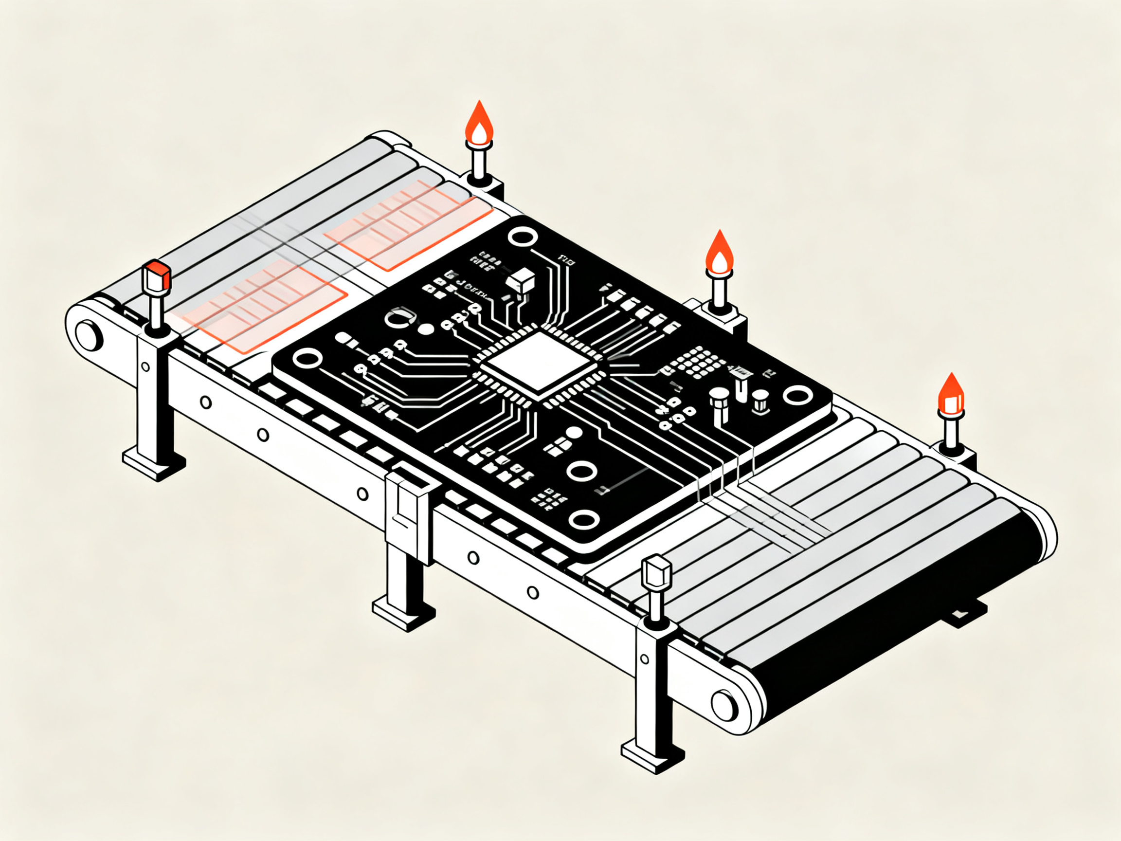 Minimal engineering infographic style of a reflow oven test environment shows a loaded conveyor and sensors.