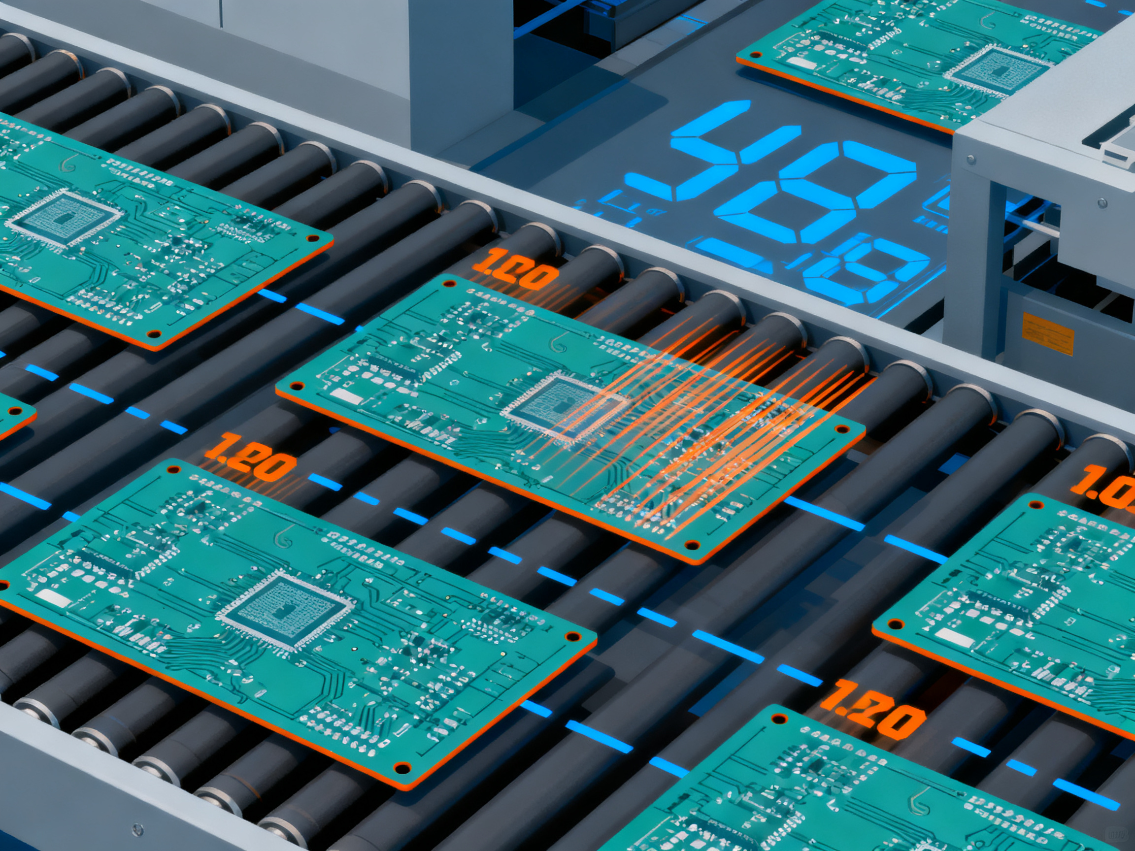SMT Conveyor Speed Calculation Guide: RPM Formula, Line Speed, Capacity, and Adjustment Charts1 - S&M Co.Ltd Minimal engineering infographic clean lines minimalist style top down view of pc.