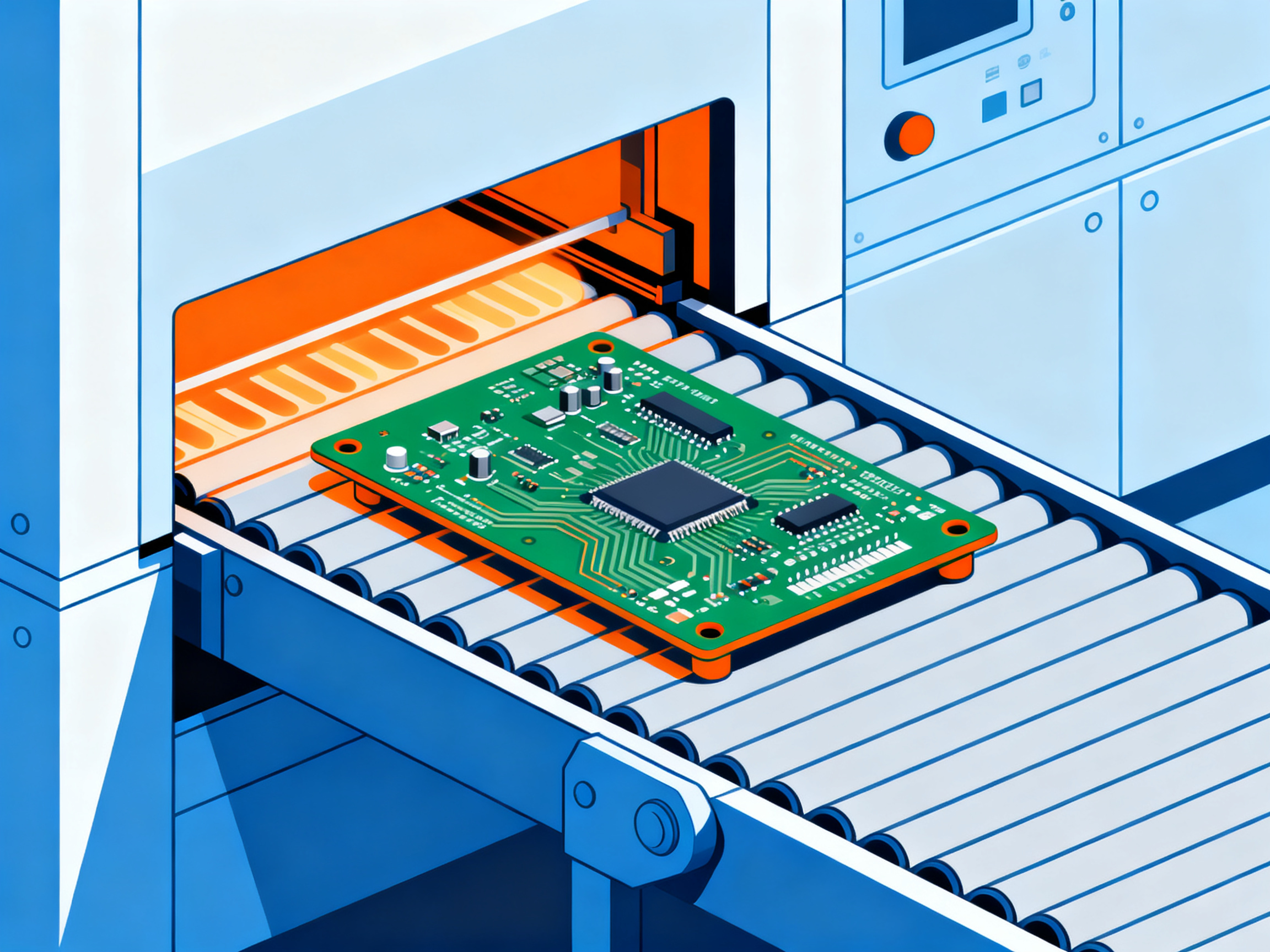 SMT Conveyor Speed Calculation Guide: RPM Formula, Line Speed, Capacity, and Adjustment Charts - S&M Co.Ltd Minimal engineering infographic clean lines minimalist style technical illustration.