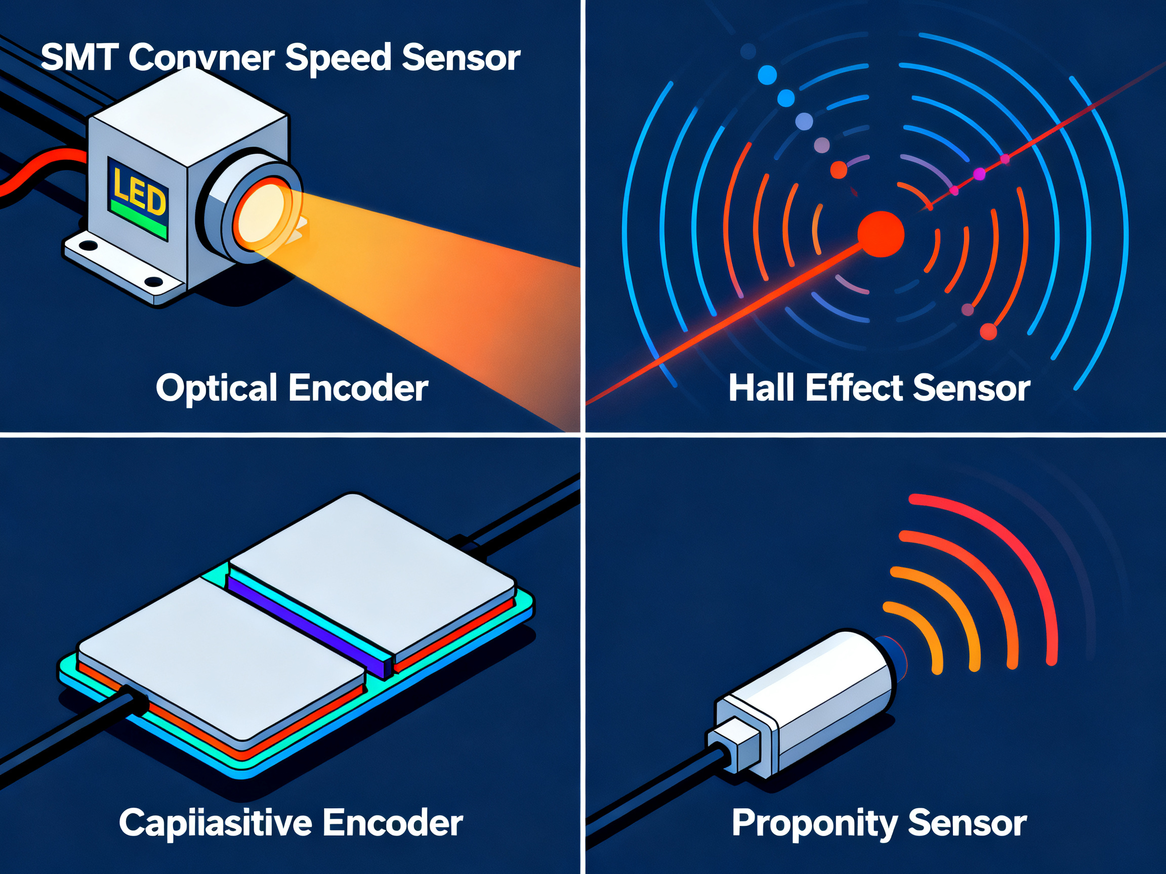 How SMT Conveyor Speed Sensors and Control Systems Work: Calibration, Faults, and Cost Factors in 20261 - S&M Co.Ltd Digital illustration clean lines vibrant colors minimal engineering info.