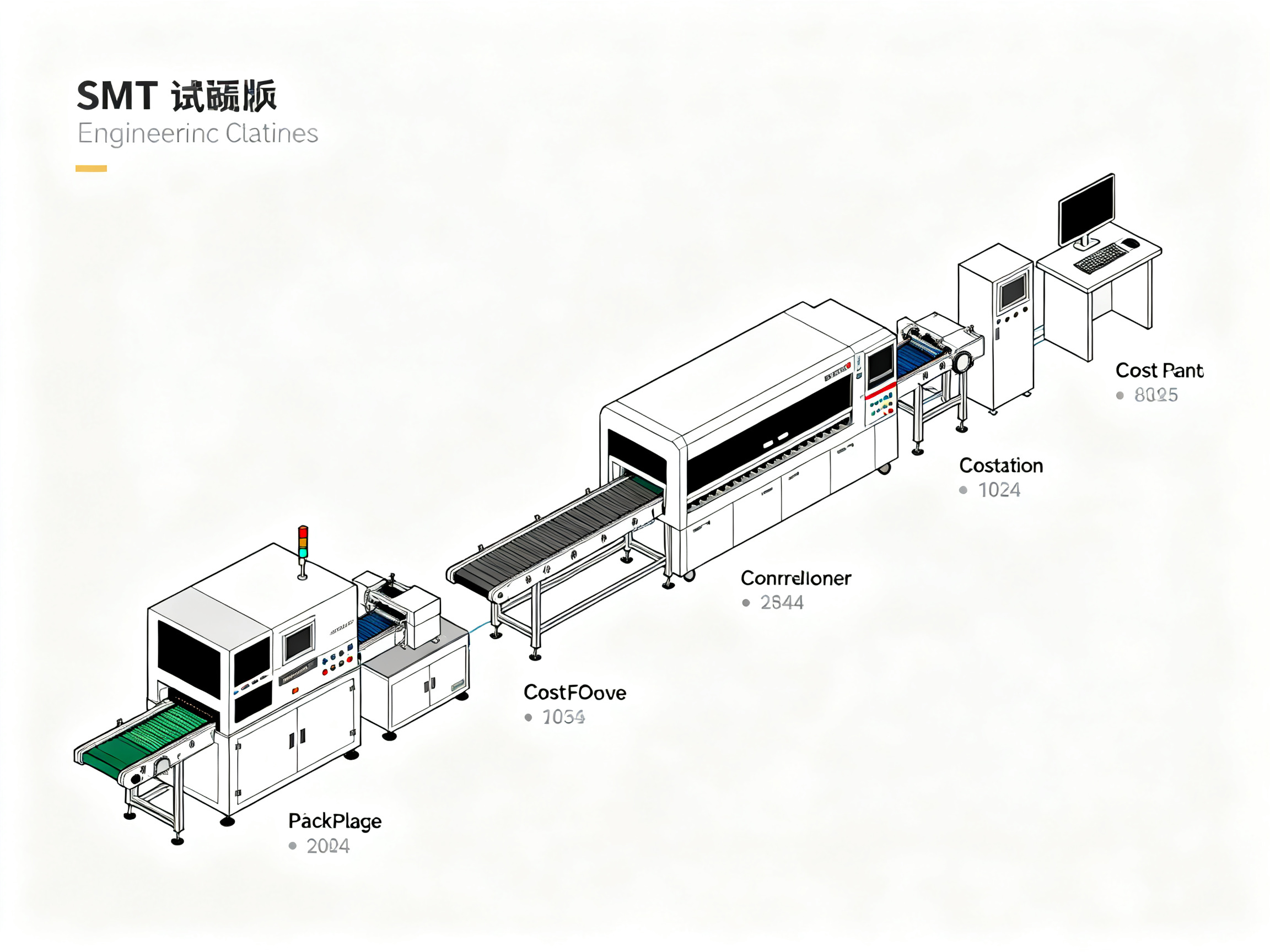 SMT Assembly Cost Breakdown: What Really Determines Your SMT Line Budget in 2026 - S&M Co.Ltd Minimal engineering infographic clean lines professional data visualization tech.