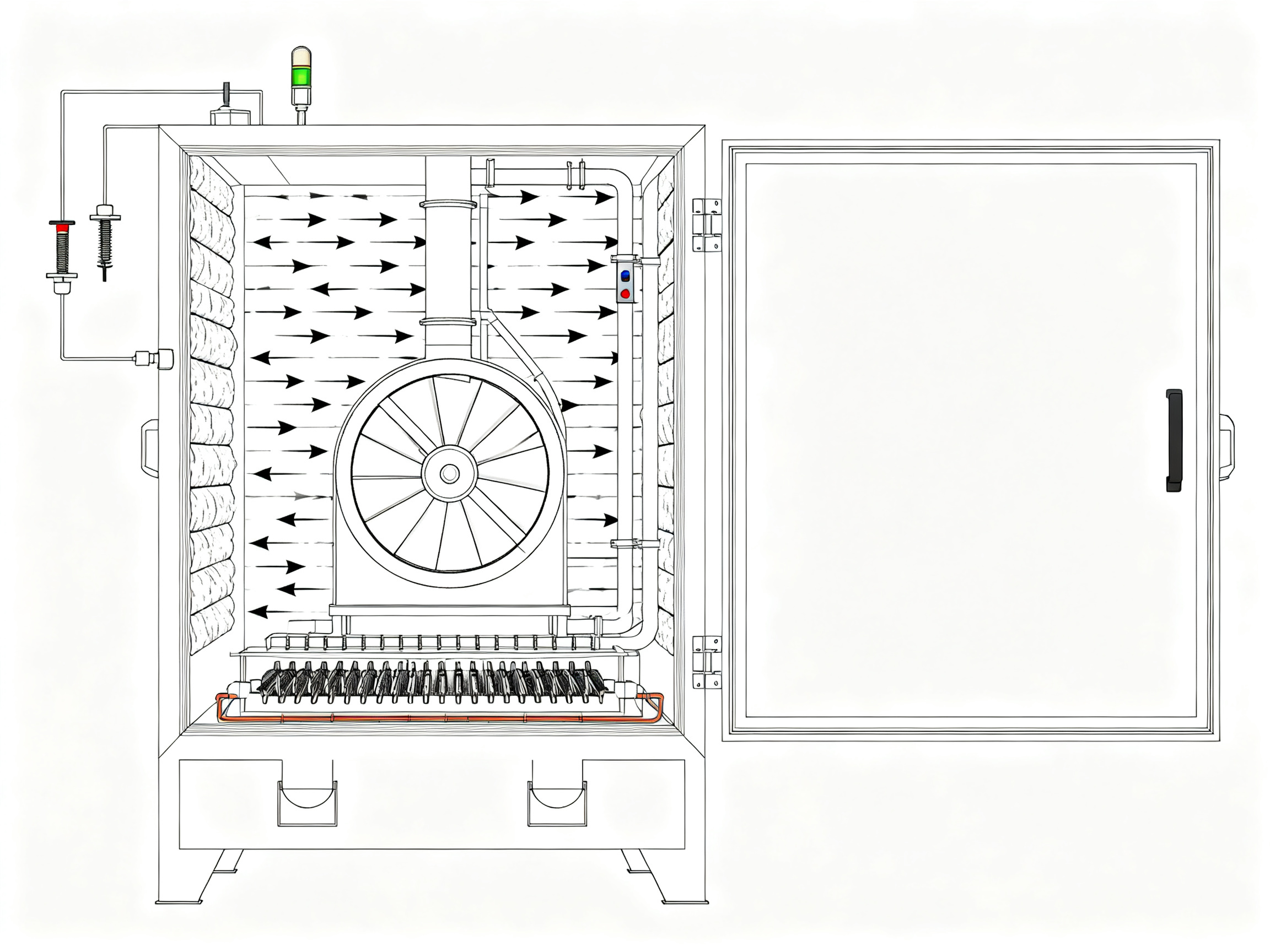 Composite and Carbon Fiber Batch Curing Ovens: Temperature Specs, Ramp-Soak Control, Build Options, and Custom Design3 - S&M Co.Ltd Minimal engineering infographic cross section technical diagram of industrial curing oven.