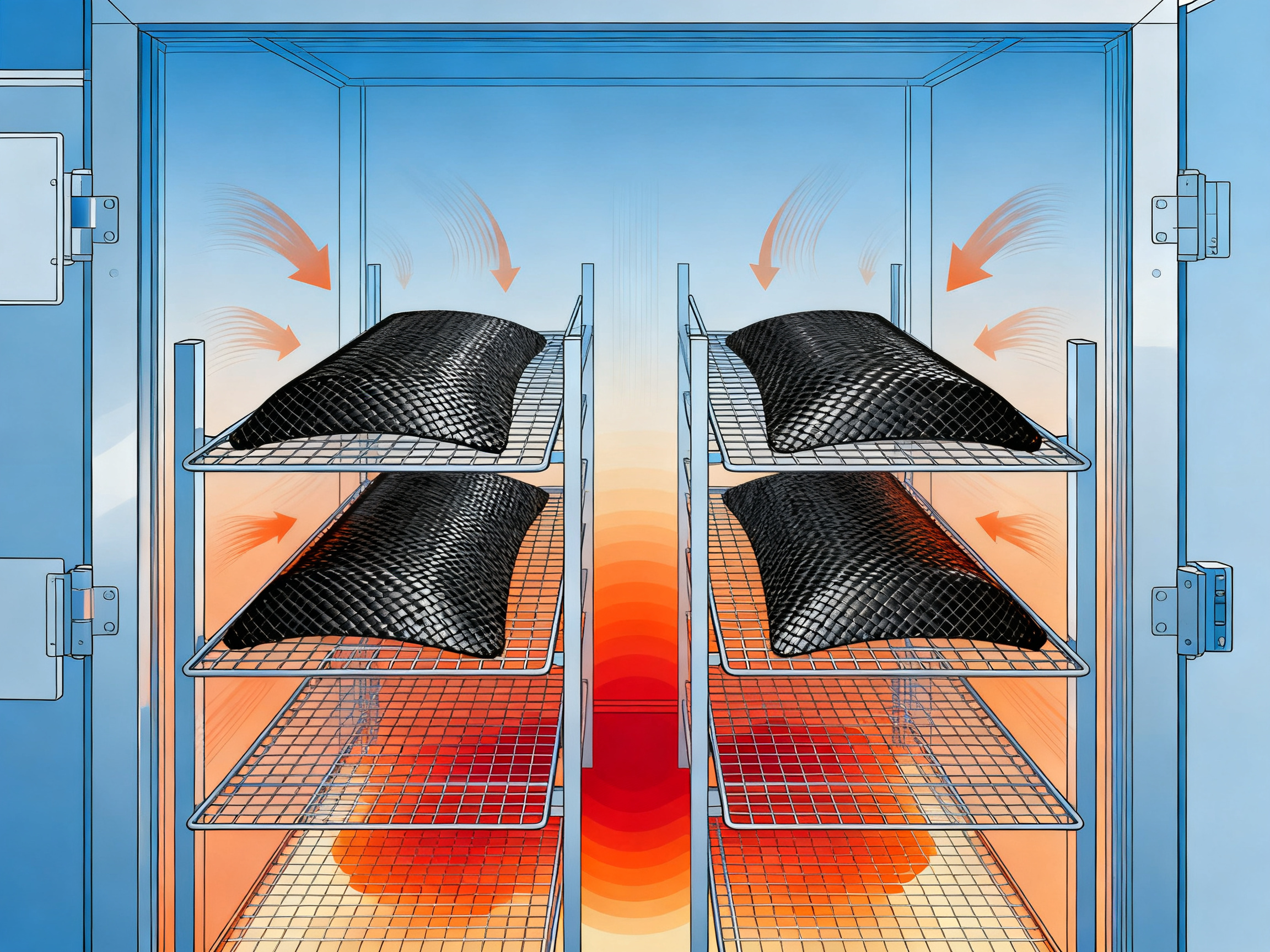 Composite and Carbon Fiber Batch Curing Ovens: Temperature Specs, Ramp-Soak Control, Build Options, and Custom Design - S&M Co.Ltd Minimal engineering infographic technical diagram showing temperature distribution.