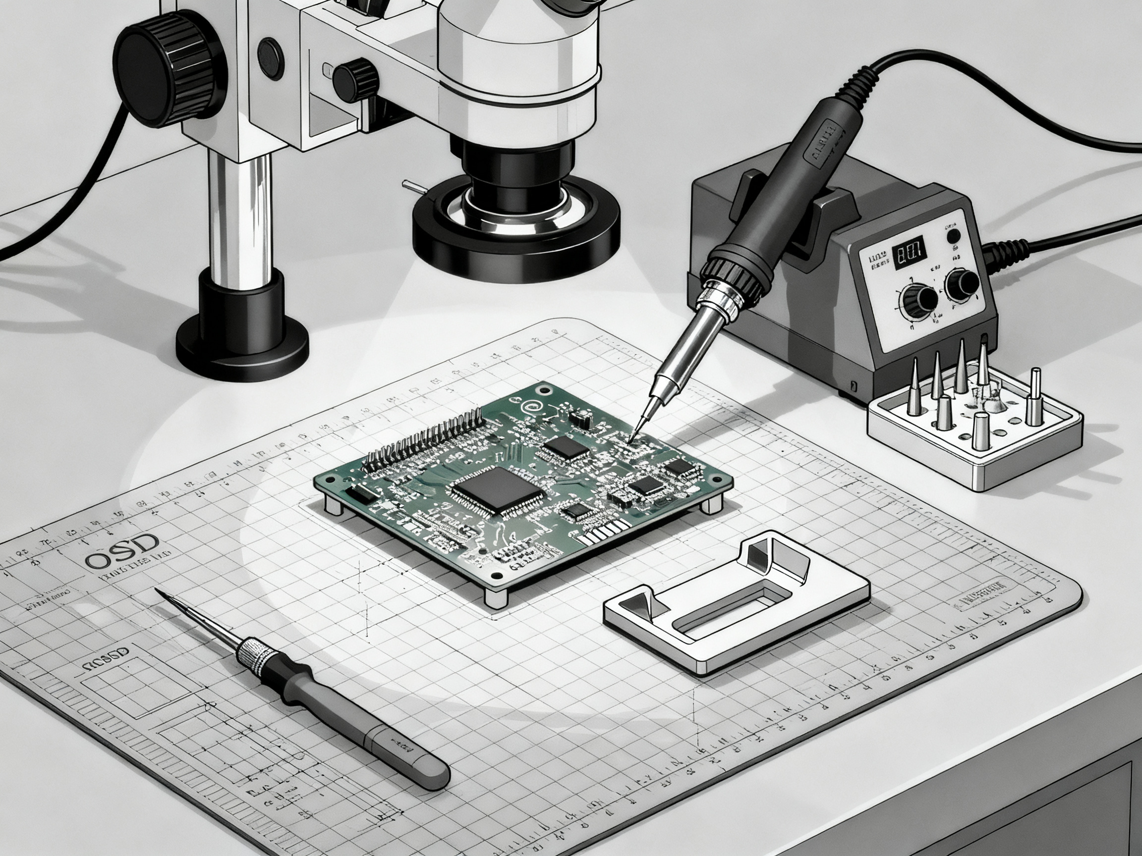 Best SMD Rework Stations in 2025: Top 10 Reviews for Electronics Repair Professionals2 - S&M Co.Ltd Minimal engineering infographic professional electronics repair workstation top view with organized tools and components on a workbench.