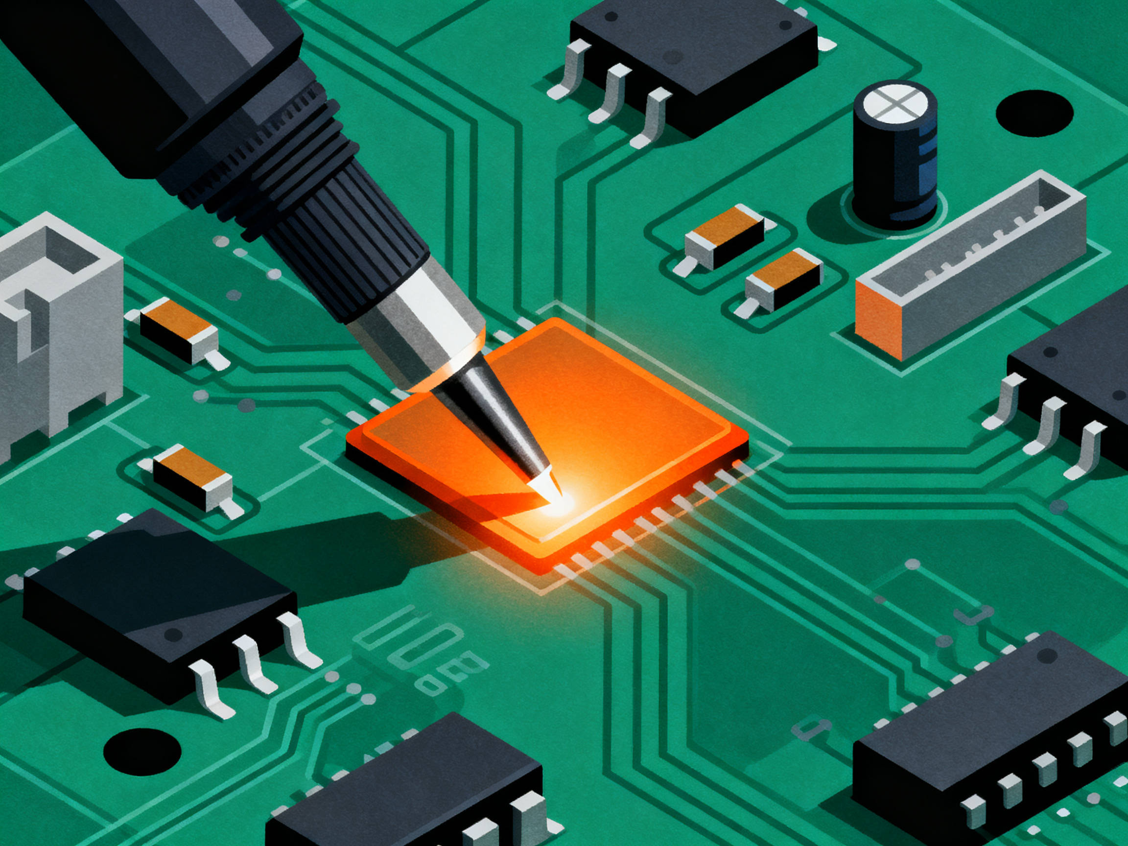 How to Solder a PCB: Complete Beginner’s Guide with Step-by-Step Instructions (2026) - S&M Co.Ltd Digital illustration clean lines minimal engineering infographic style no text.