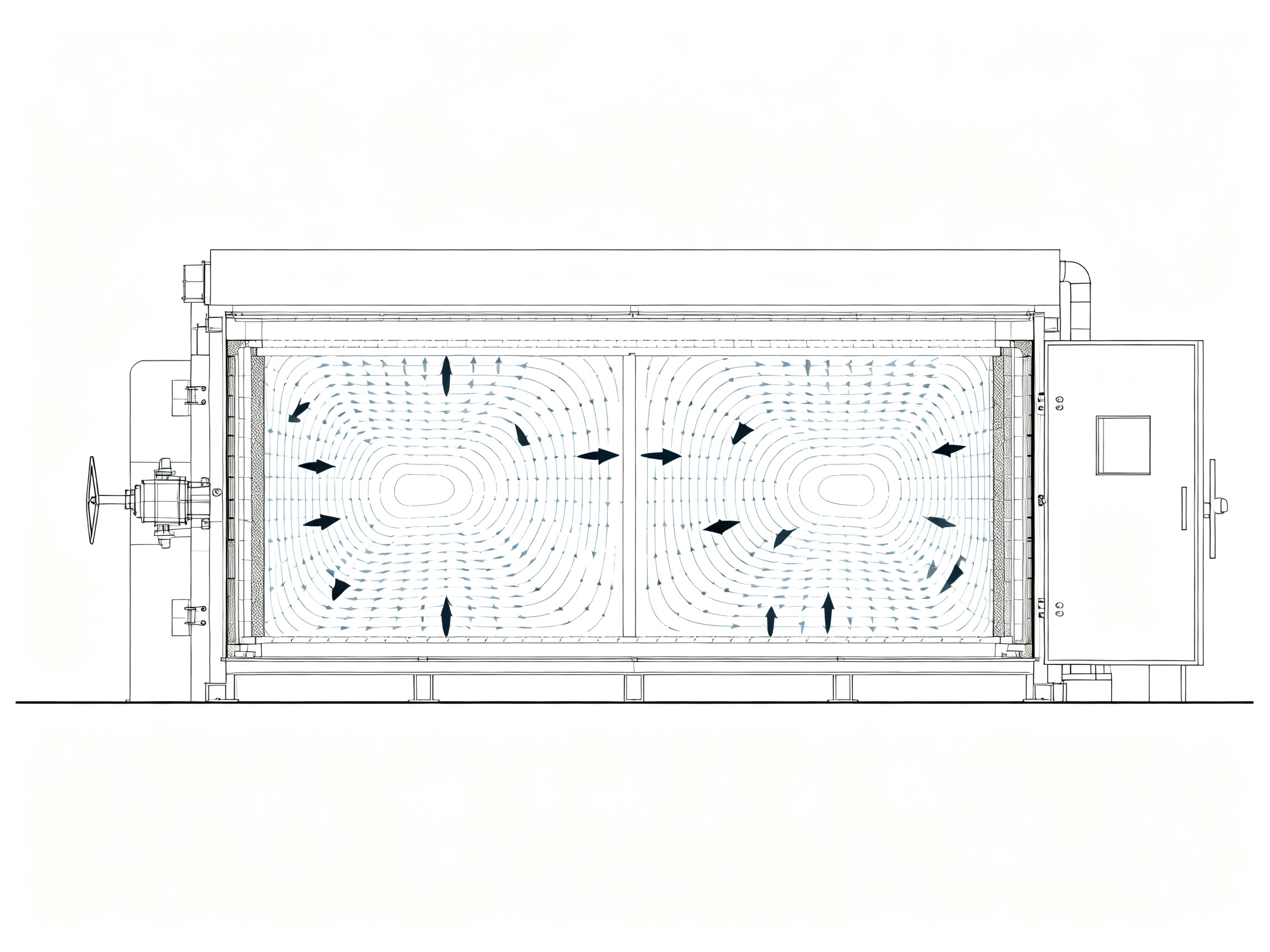 A minimal engineering infographic showing a cross-section view of a batch curing oven with clean professional lines.