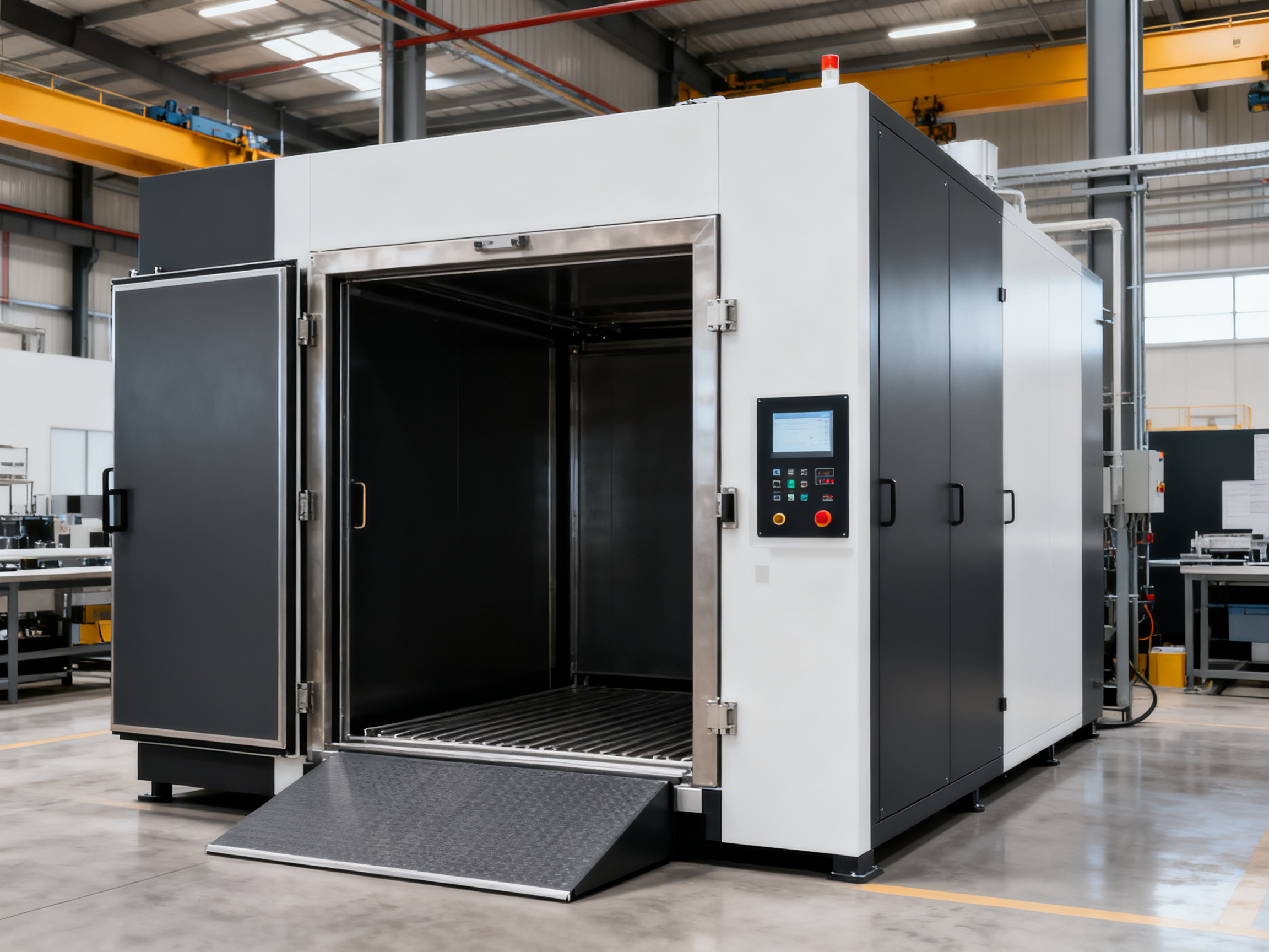 A minimal engineering infographic with clean lines and professional styling showing an industrial batch curing oven overview.
