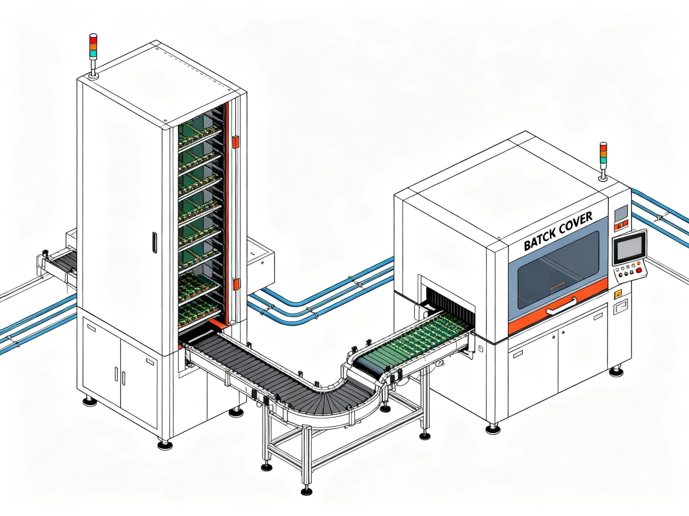 Vertical Oven vs Batch Oven: How Continuous and Batch Curing Work Together in SMT Production2 - S&M Co.Ltd Minimal engineering infographic clean technical illustration showing combined SMT curing workflow with both vertical and batch ovens