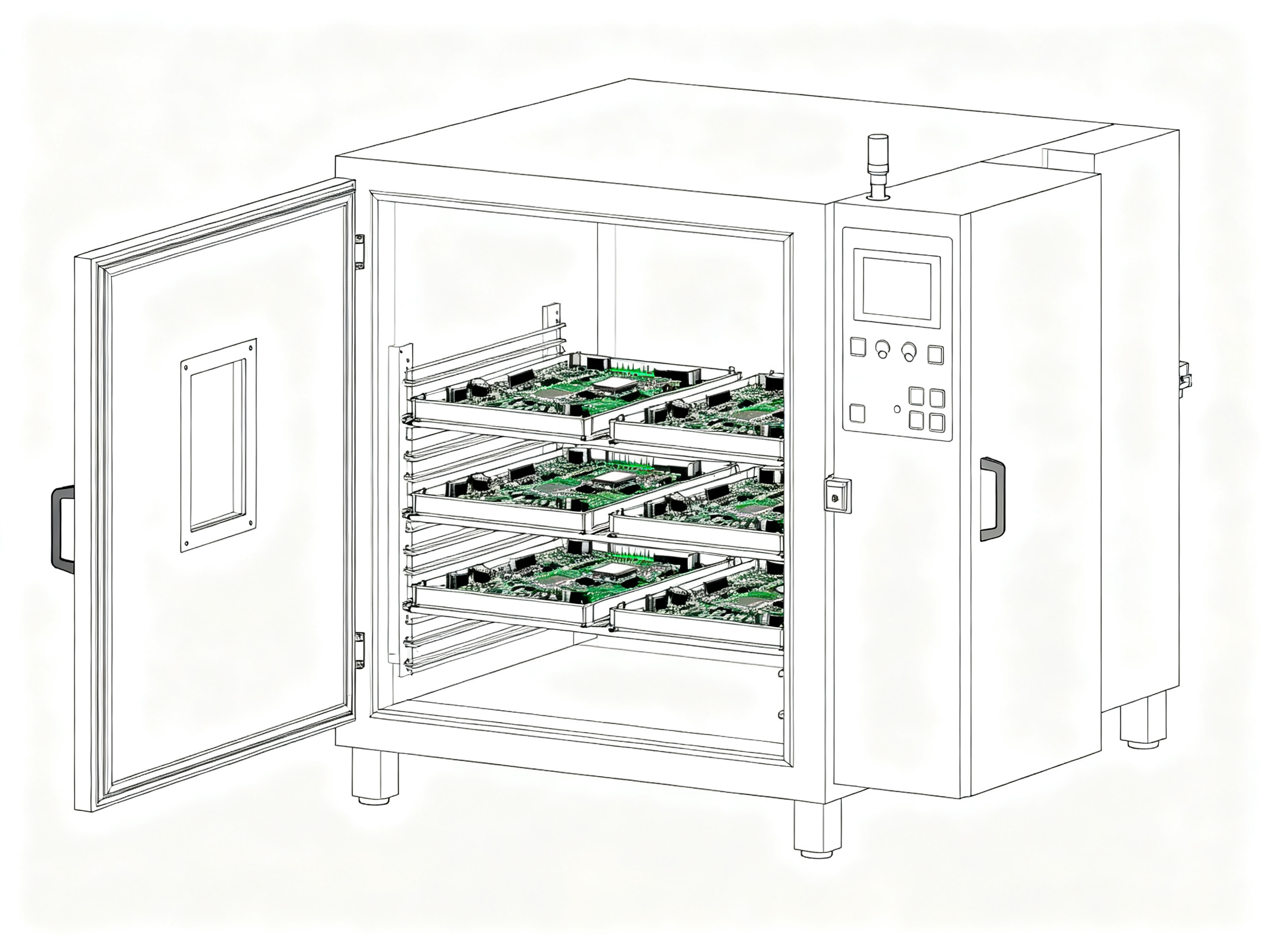 Minimal engineering infographic clean technical illustration schematic style showing batch curing oven configuration