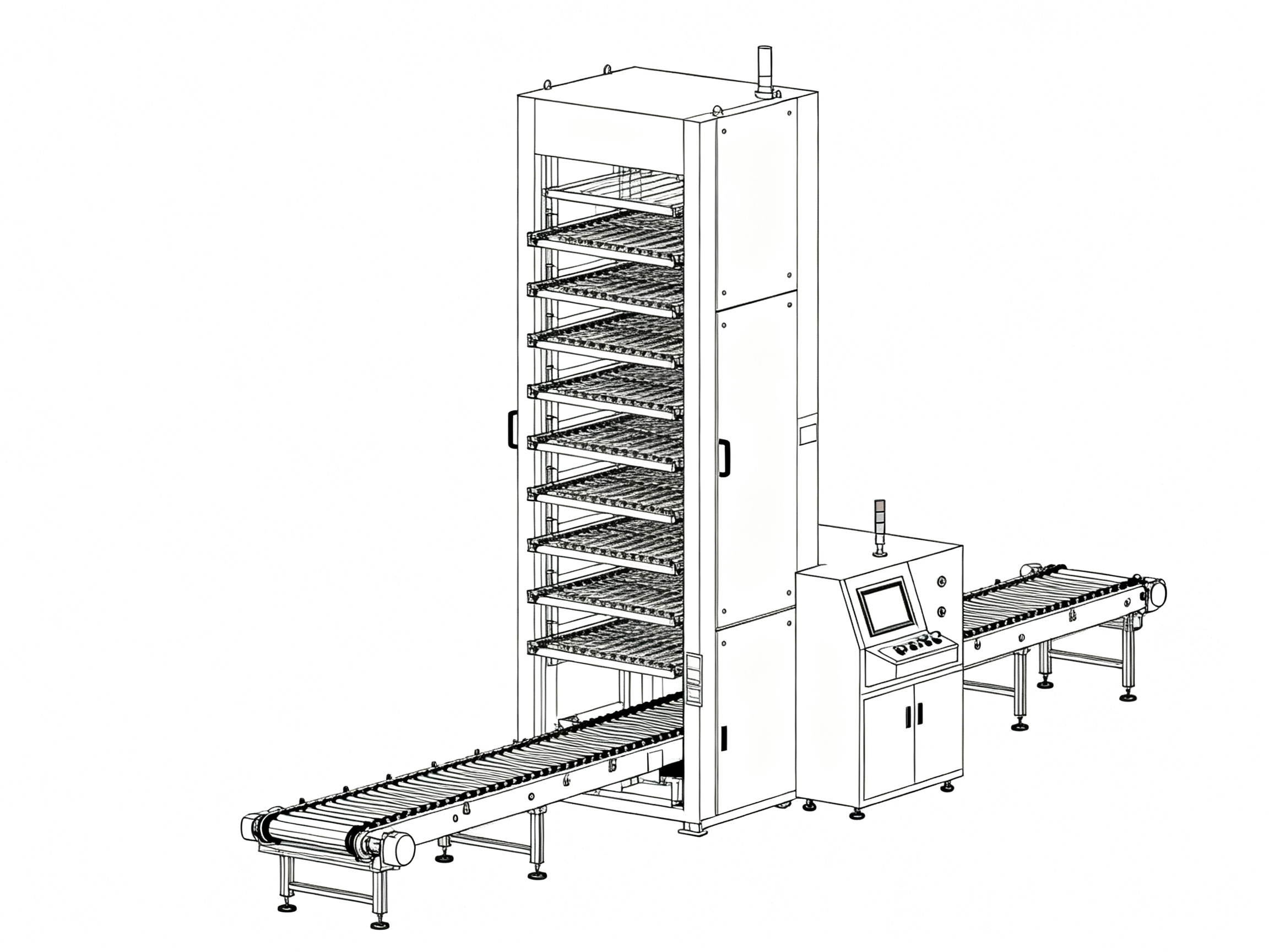 Minimal engineering infographic clean technical illustration schematic style showing vertical curing oven operation