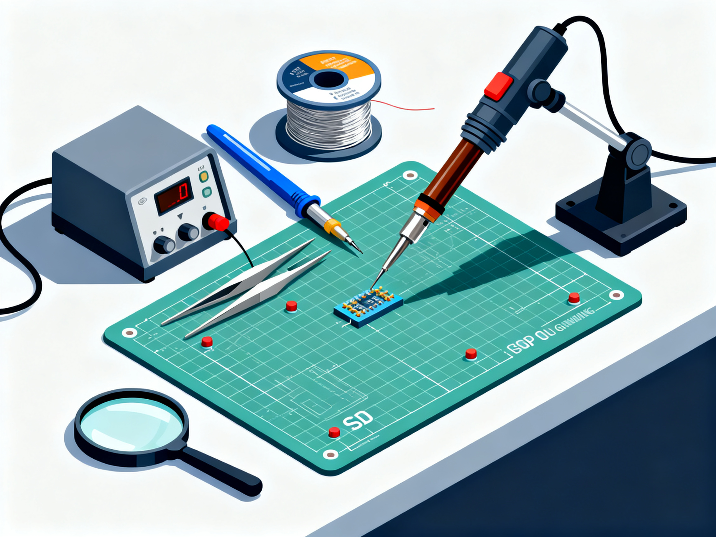 Soldering for Electronics: Best Practices, Types, and Essential Tips for Reliable PCB Work3 - S&M Co.Ltd Minimal engineering infographic style clean schematic design technical illustration.