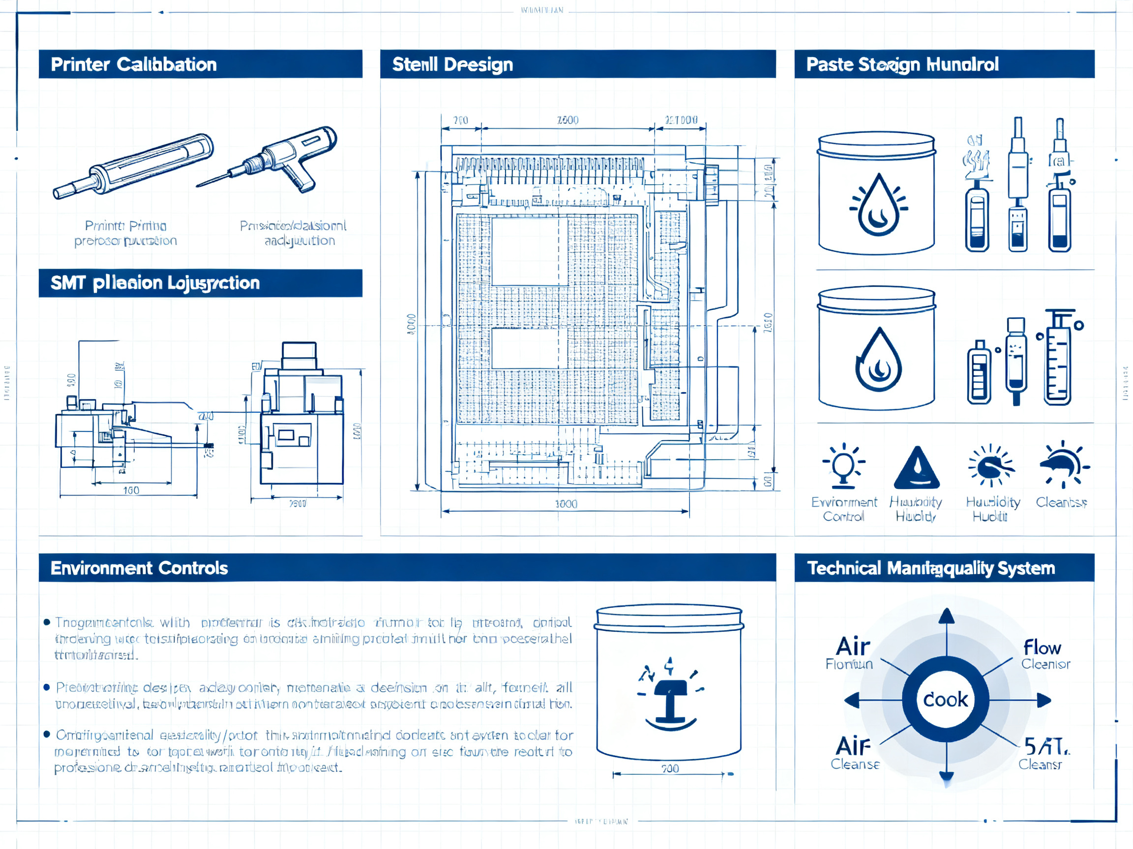 Top SMT Solder Paste Printing Defects: Causes, Solutions, and Best Practices in 20263 - S&M Co.Ltd Minimal engineering infographic clean technical illustration blueprint style.