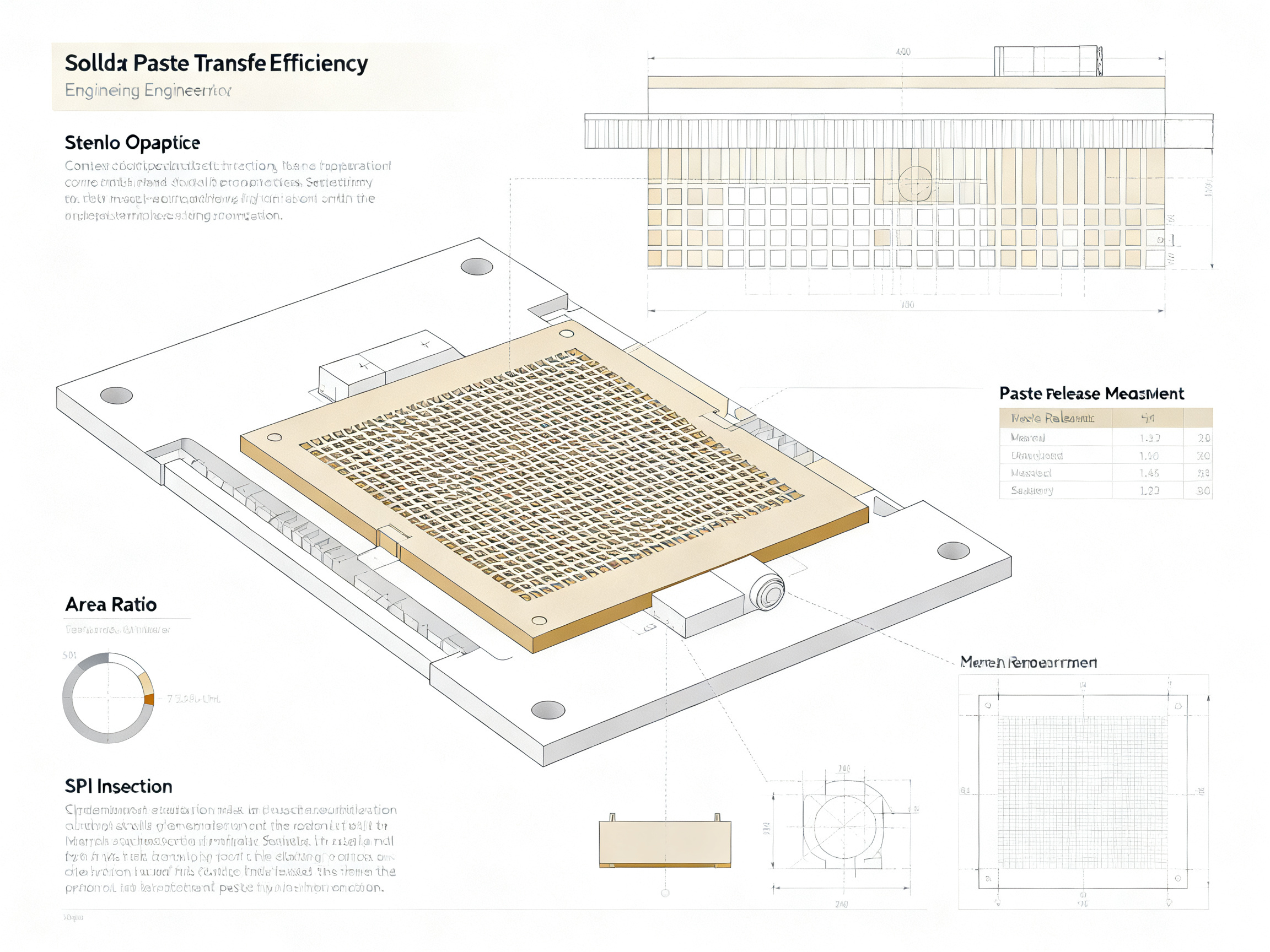 Top SMT Solder Paste Printing Defects: Causes, Solutions, and Best Practices in 20262 - S&M Co.Ltd Minimal engineering infographic clean technical illustration blueprint style.