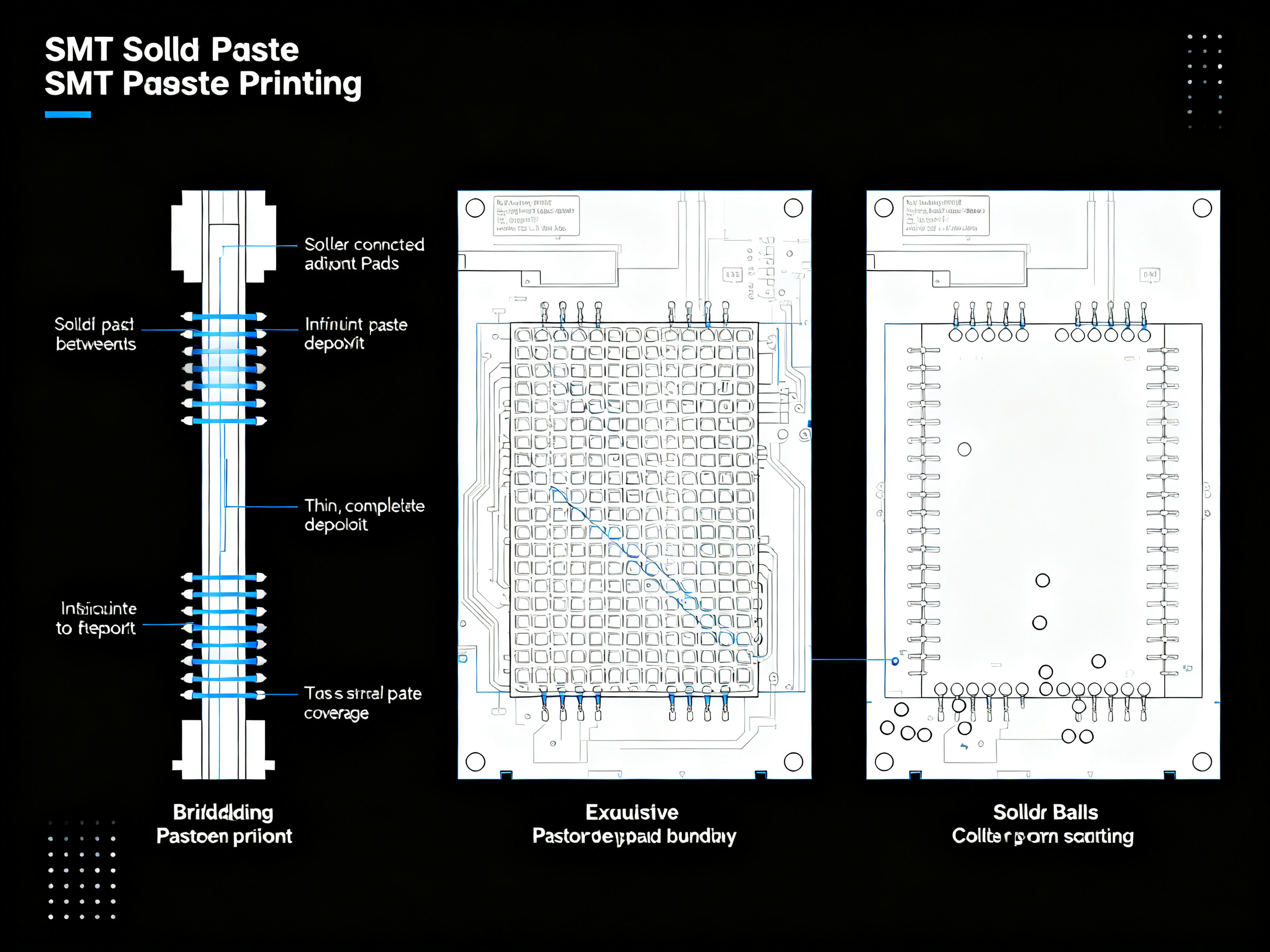 Top SMT Solder Paste Printing Defects: Causes, Solutions, and Best Practices in 20261 - S&M Co.Ltd Minimal engineering infographic clean technical illustration blueprint style.