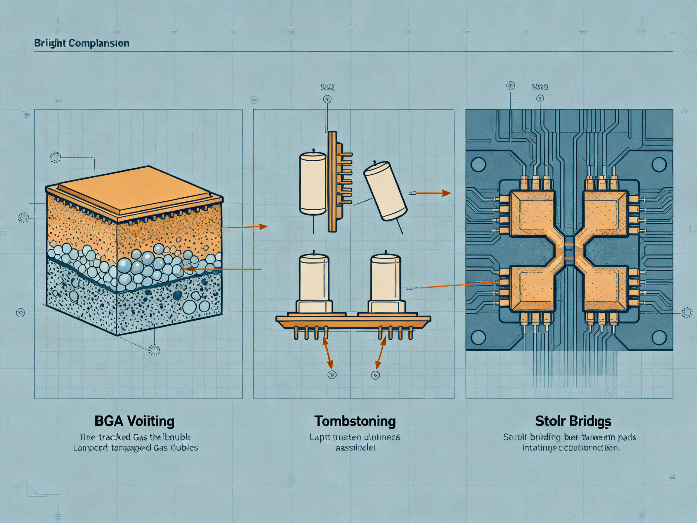 Mastering PCB Assembly Soldering: Techniques, Defect Control, and Future Innovations for High-Reliability SMT Manufacturing3 - S&M Co.Ltd Clean technical illustration blueprint style comparison panel showing common SMT defects.