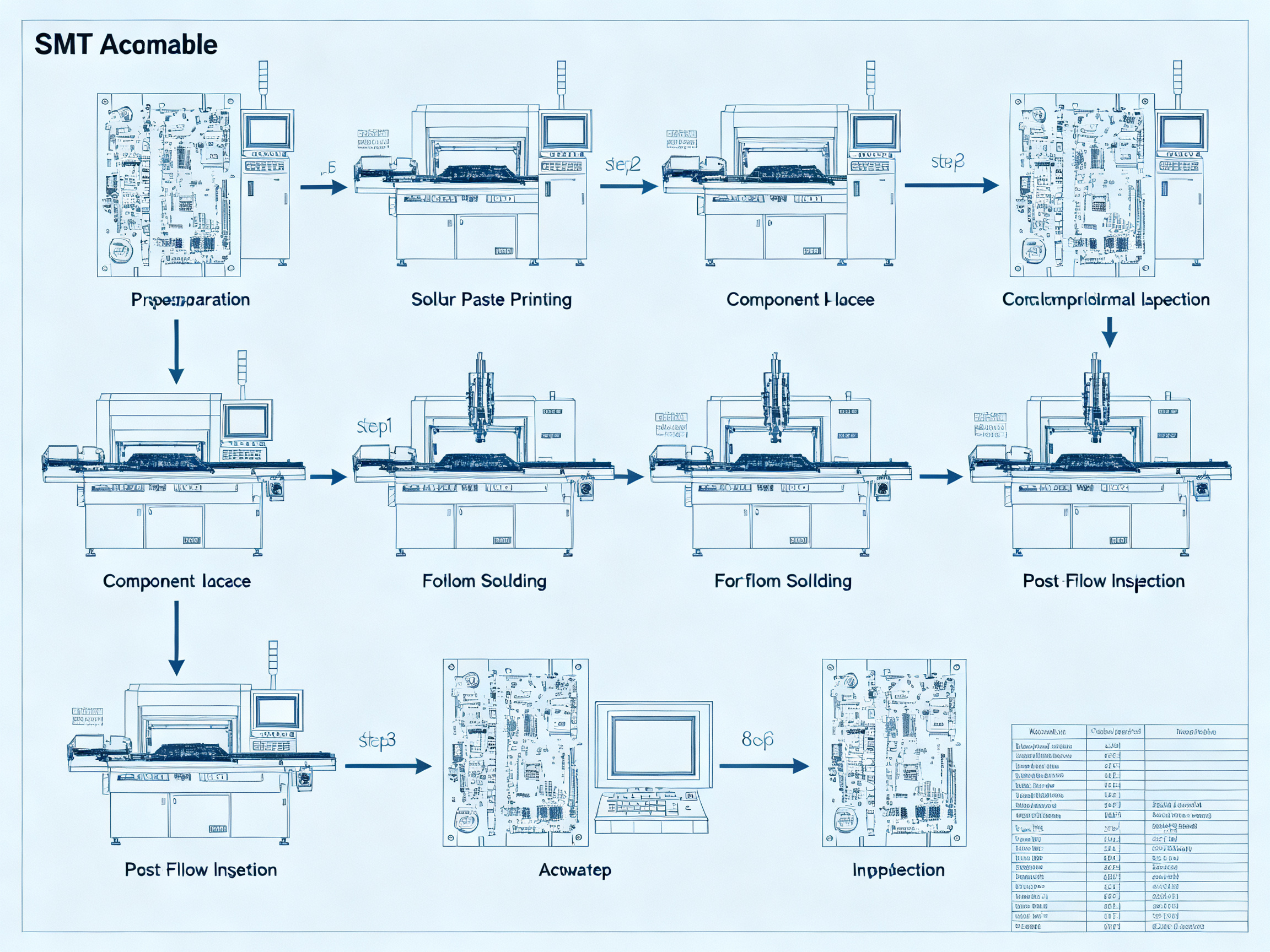 Clean technical illustration blueprint schematic of modern SMT assembly line workflow.