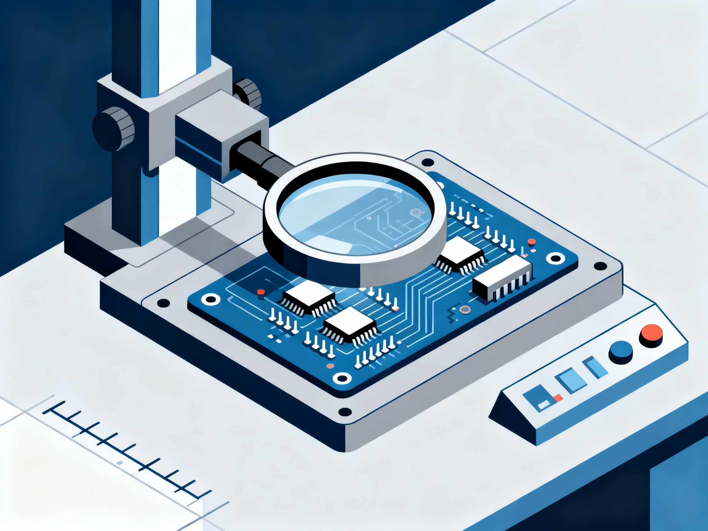 Mastering Lead-Free Wave Soldering: Benefits, Myths, and Industry Best Practices2 - S&M Co.Ltd Minimal engineering infographic quality control inspection station with magnifying glass examining solder joints for defects.