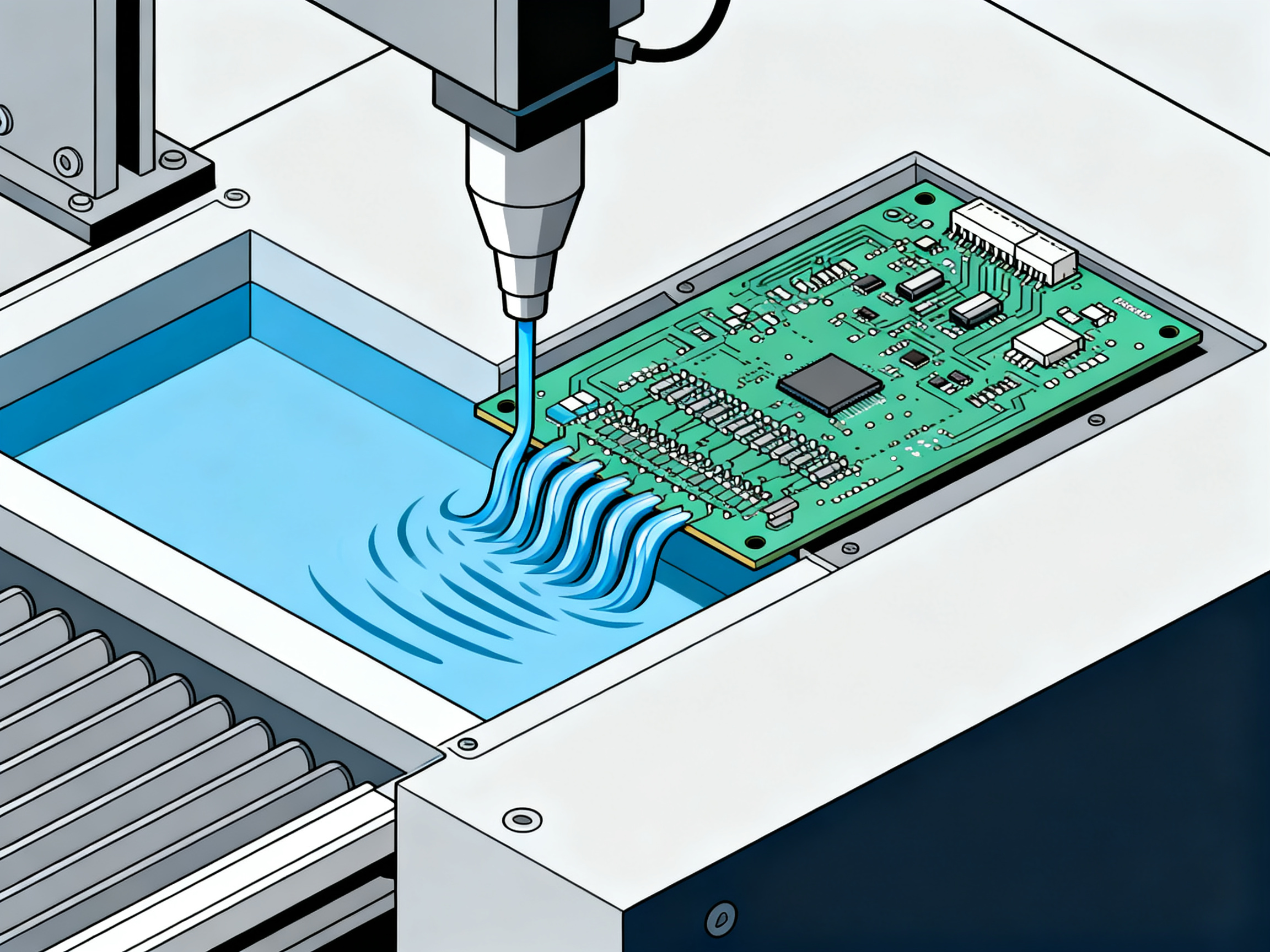 Mastering Lead-Free Wave Soldering: Benefits, Myths, and Industry Best Practices3 - S&M Co.Ltd Minimal engineering infographic clean schematic style no text visible technical diagram of wave soldering equipment configuration.