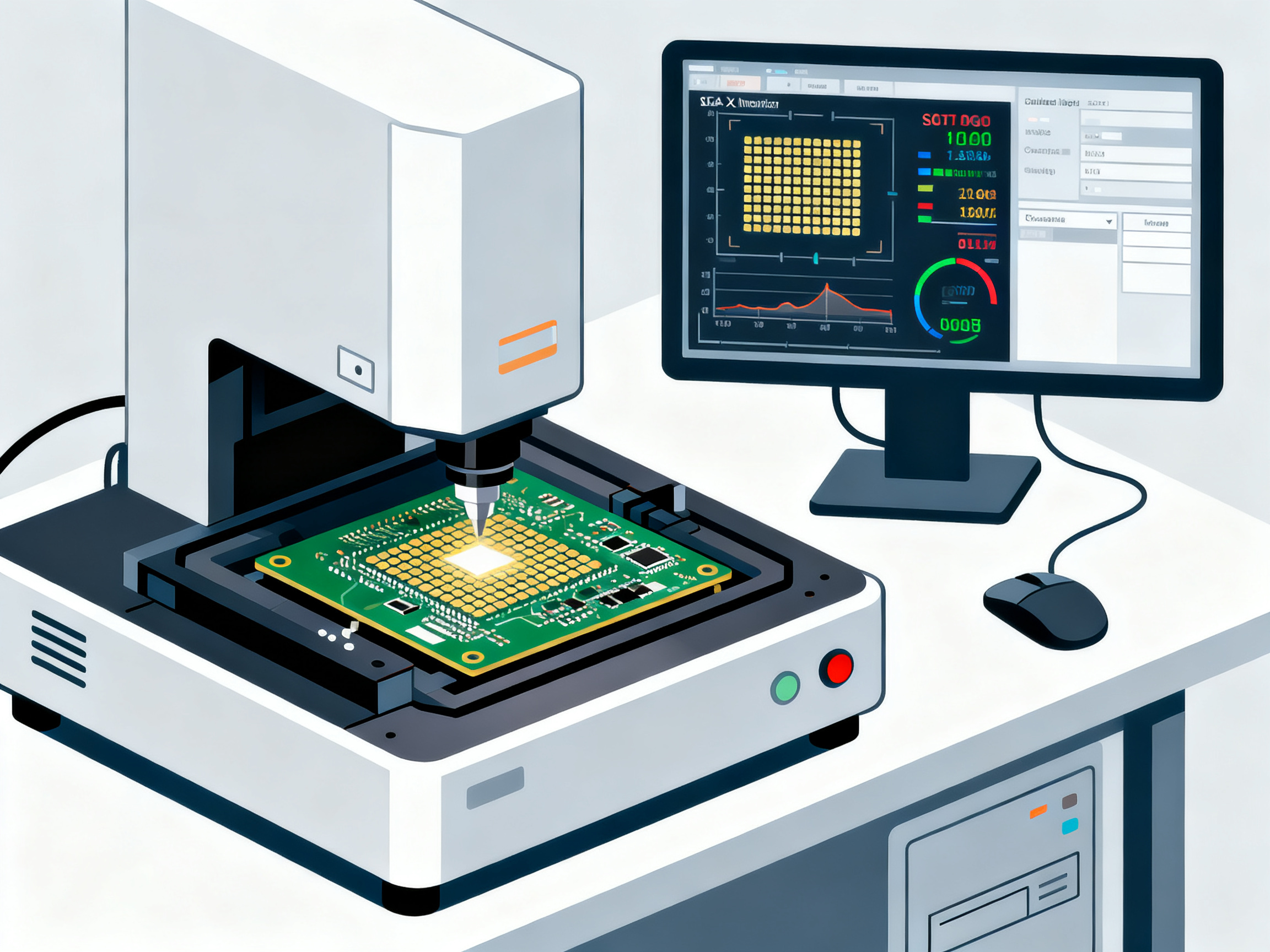 Minimal engineering infographic style clean lines technical illustration of precision tools and inspection equipment workflow.