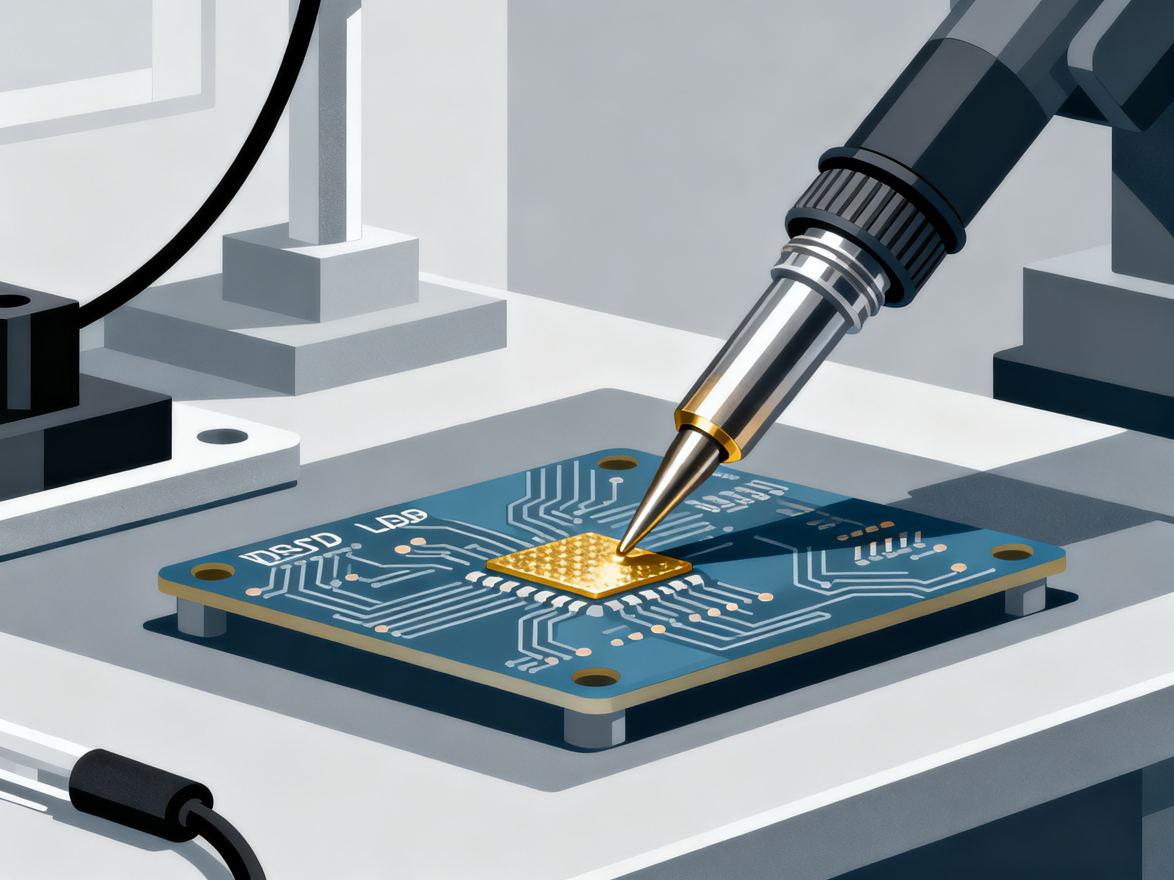 Minimal engineering infographic style clean lines technical illustration of temperature controlled soldering stations.