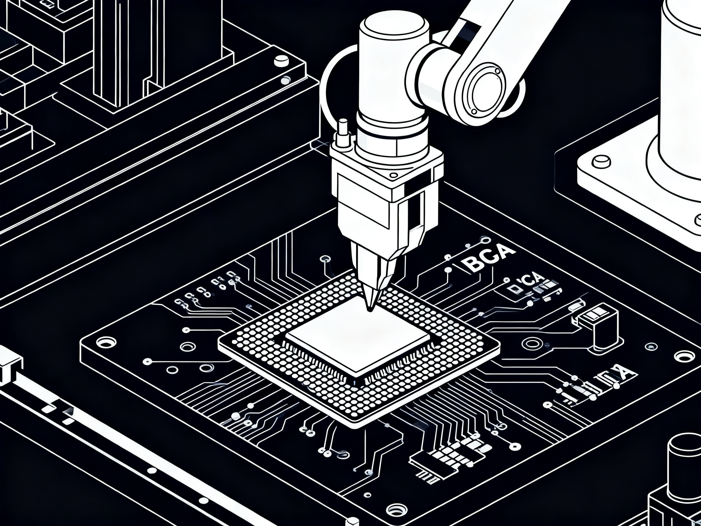 Minimal engineering infographic clean technical illustration of a pick and place machine.