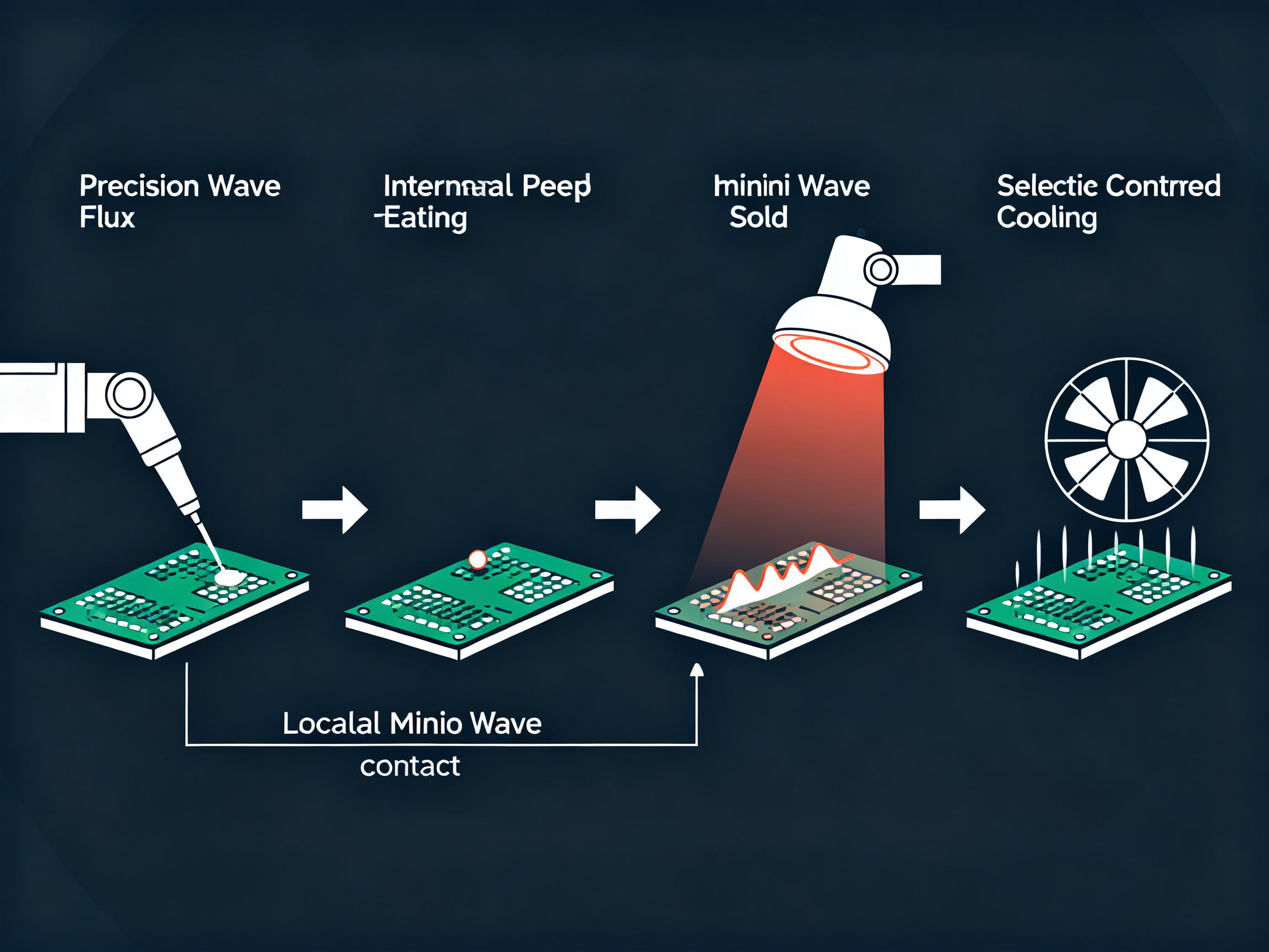 What Is Selective Wave Soldering? Process, Equipment, Applications, and vs. Wave Soldering1 - S&M Co.Ltd Minimal engineering infographic style clean lines flat design technical illustration.