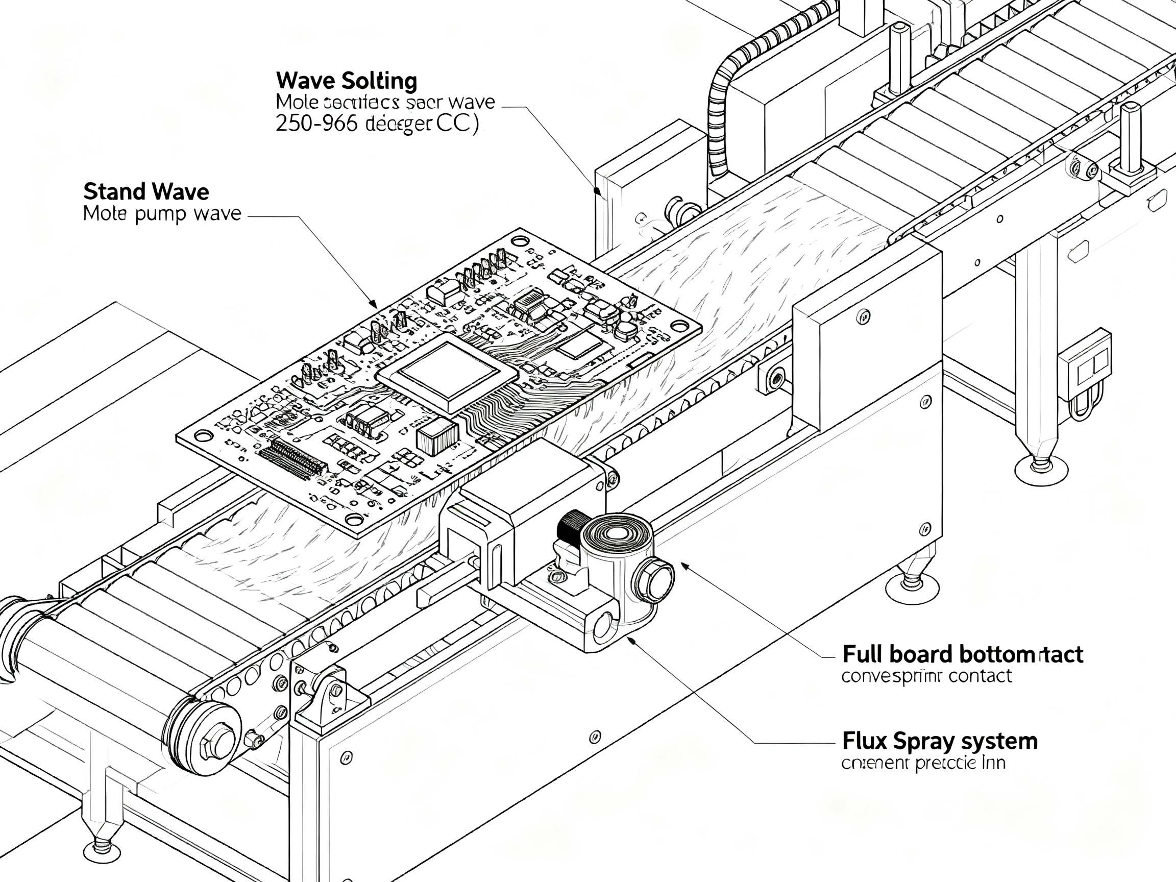 Selective Soldering vs Wave Soldering vs Hand Soldering: Differences, Advantages, Disadvantages, and Best Use Cases in 20262 - S&M Co.Ltd Minimal engineering infographic clean schematic of wave soldering process showing board passing over solder wave.