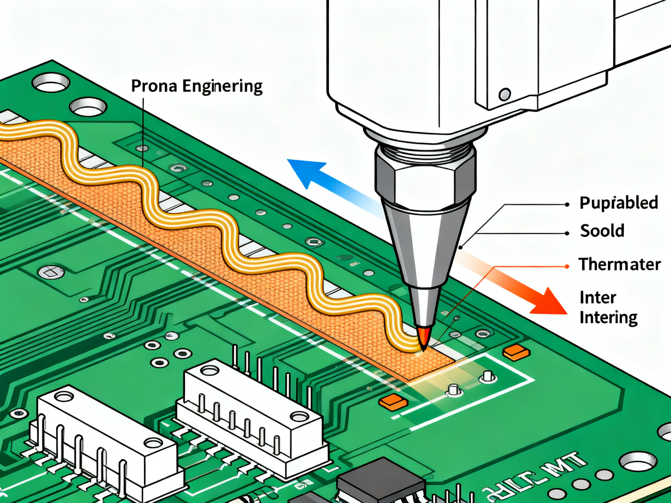 Selective Soldering vs Wave Soldering vs Hand Soldering: Differences, Advantages, Disadvantages, and Best Use Cases in 20261 - S&M Co.Ltd Minimal engineering infographic clean schematic of selective soldering process showing precision nozzle targeting.