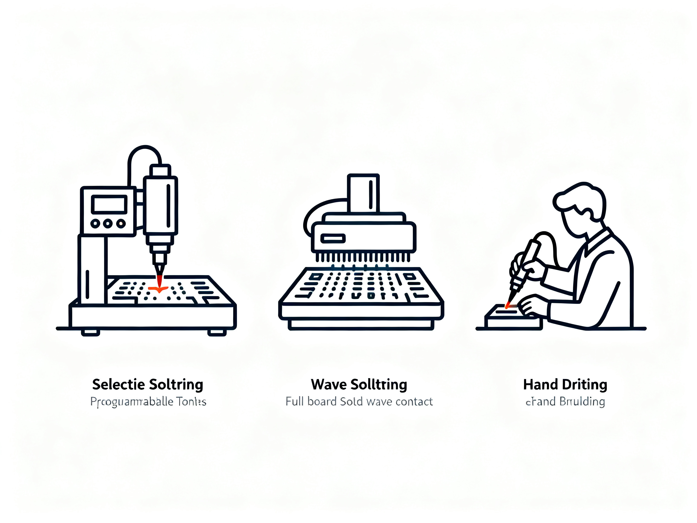 Selective Soldering vs Wave Soldering vs Hand Soldering: Differences, Advantages, Disadvantages, and Best Use Cases in 2026 - S&M Co.Ltd Minimal engineering infographic clean schematic style side by side comparison of soldering methods.
