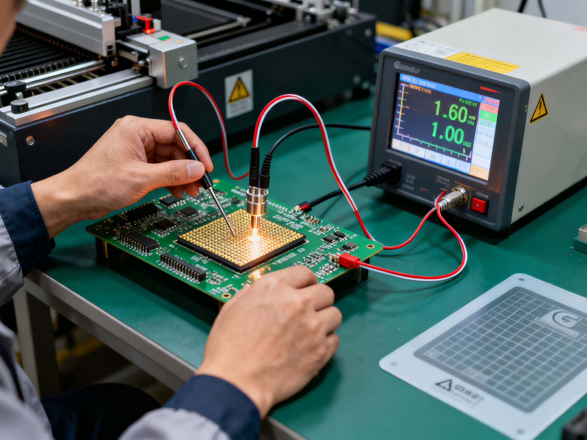 Electronics engineer performing thermal profiling on pcb assembly in smt factory.