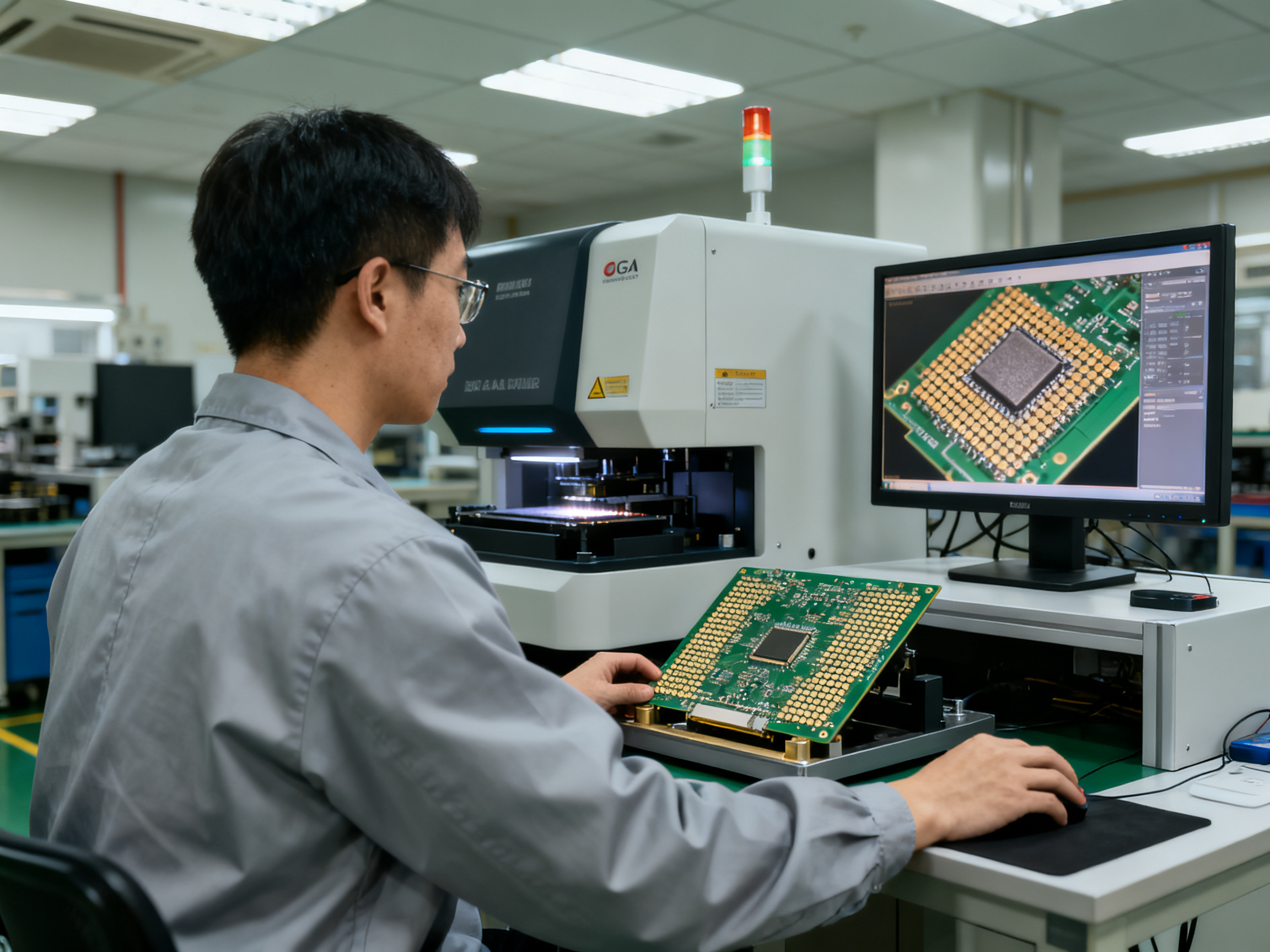 Quality engineer operating x ray inspection system to examine bga solder joints.