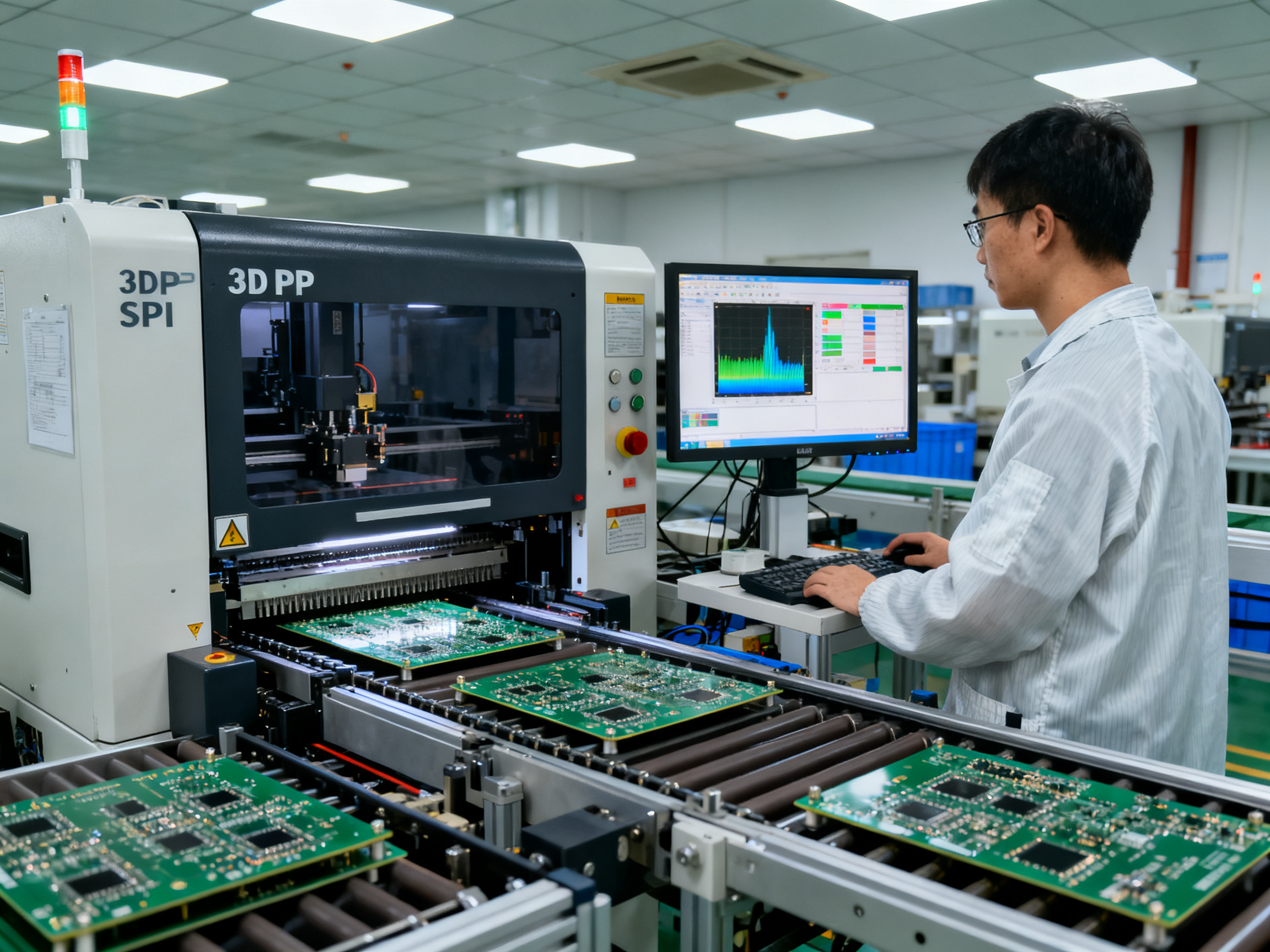 Smt factory floor with solder paste inspection machine and stencil printer in pr.