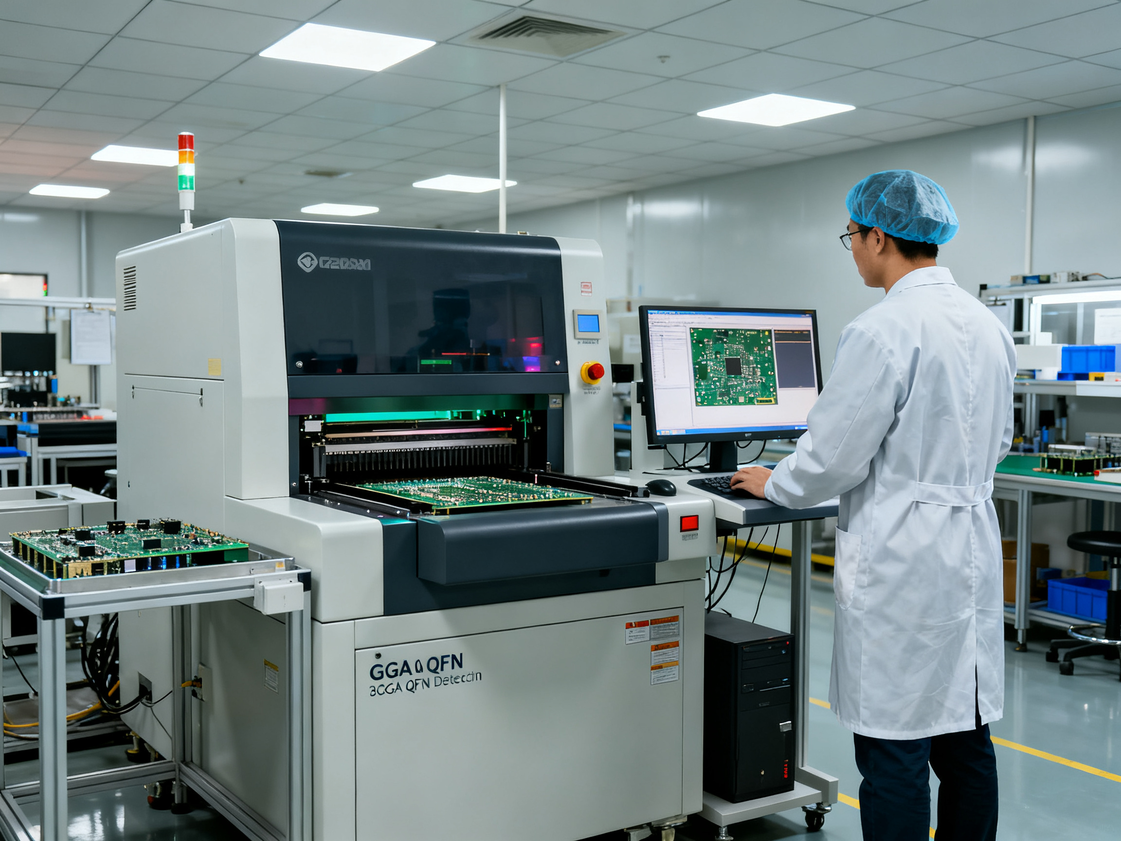 Engineering inspection scene showing an x-ray machine used for BGA and QFN defect detection.