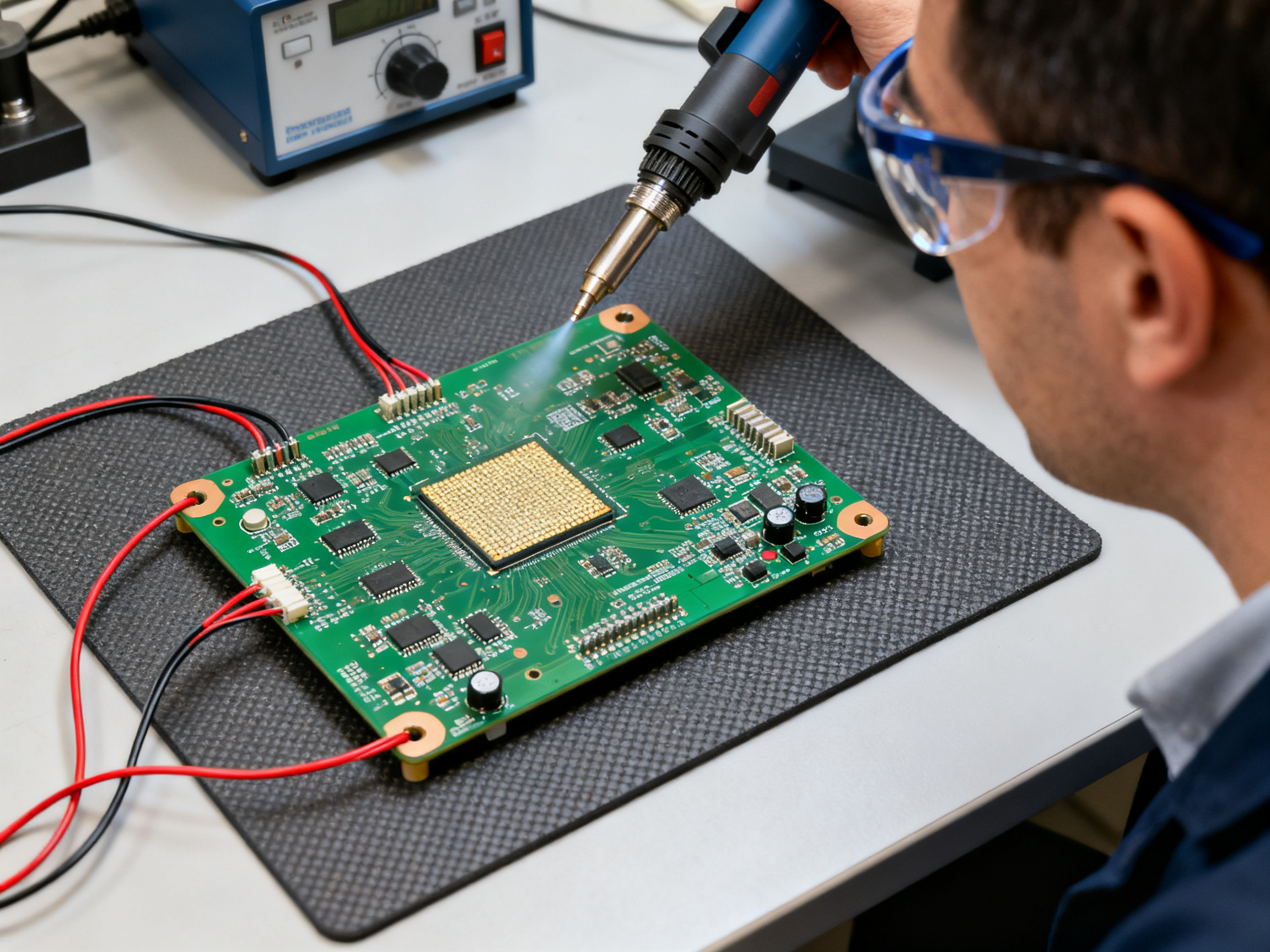 Close documentary shot of a circuit board being prepared for thermal profiling testing.
