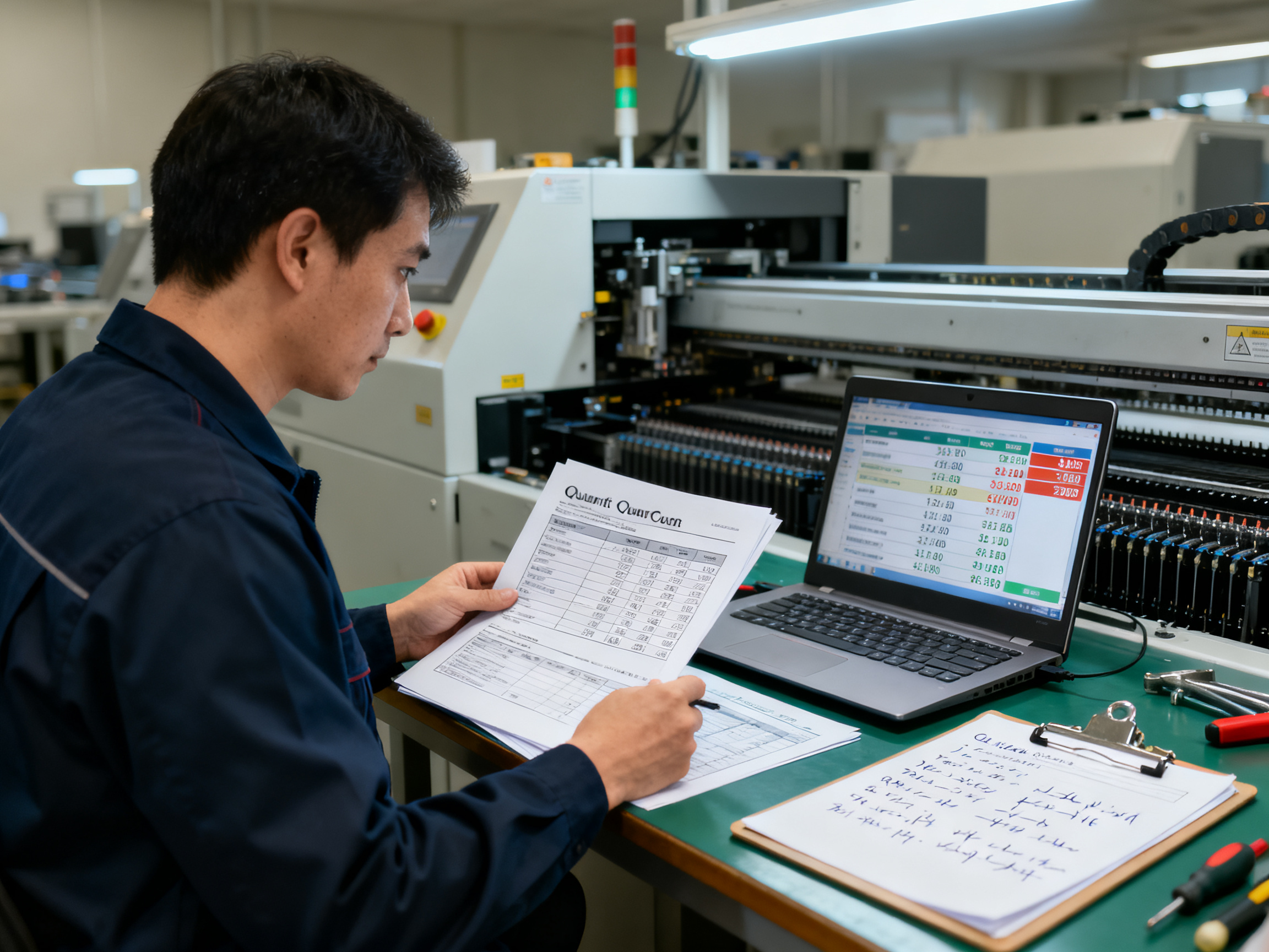 PCB Pick and Place Machine Prices in 2026: Market Review, Budget Options, and Cost Trends2 - S&M Co.Ltd Ems factory procurement scenario engineer reviewing printed quotation documents.