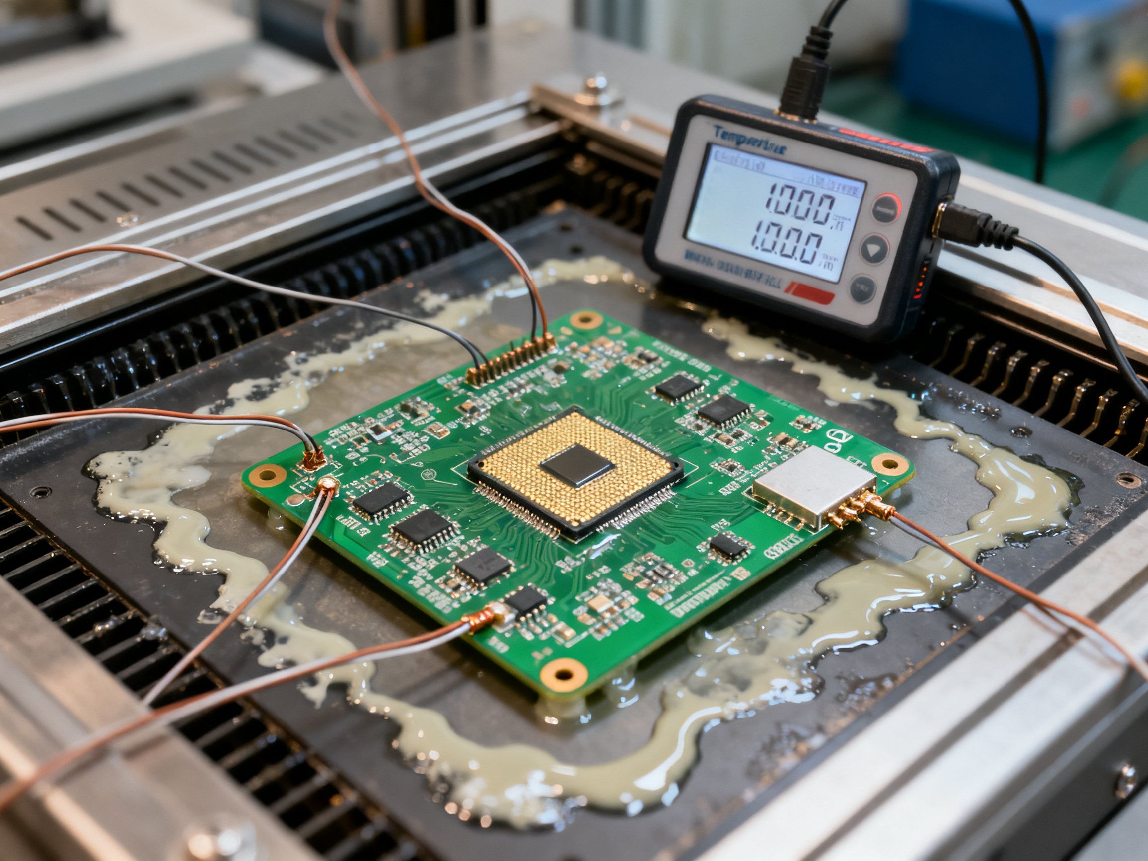 Close up documentary shot of a pcb with thin thermocouple wires attached to key components.