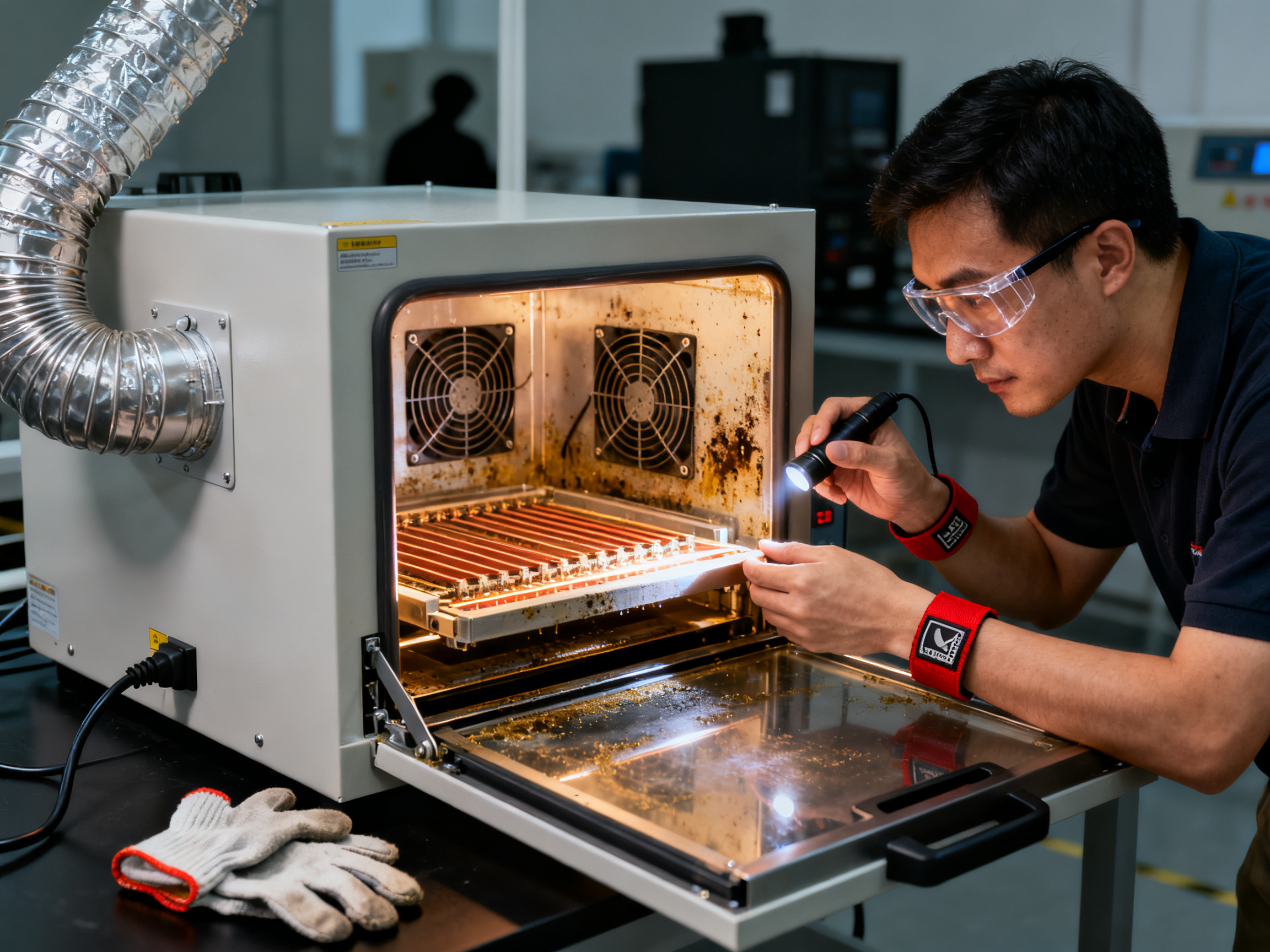 Engineer performing routine maintenance inspection on a benchtop reflow oven interior.