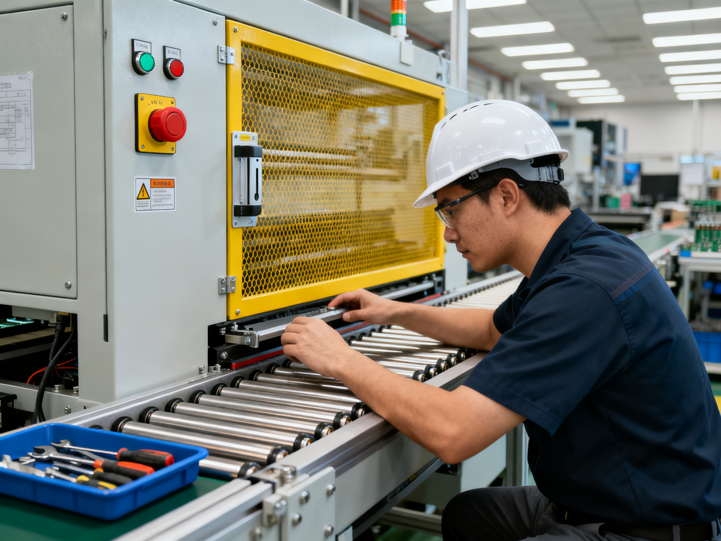 Powered Roller Conveyor Systems for Electronics Manufacturing: Safety, Compliance, and How to Choose the Right Solution2 - S&M Co.Ltd Maintenance technician inspecting powered roller conveyor safety features in an electronics manufacturing facility.