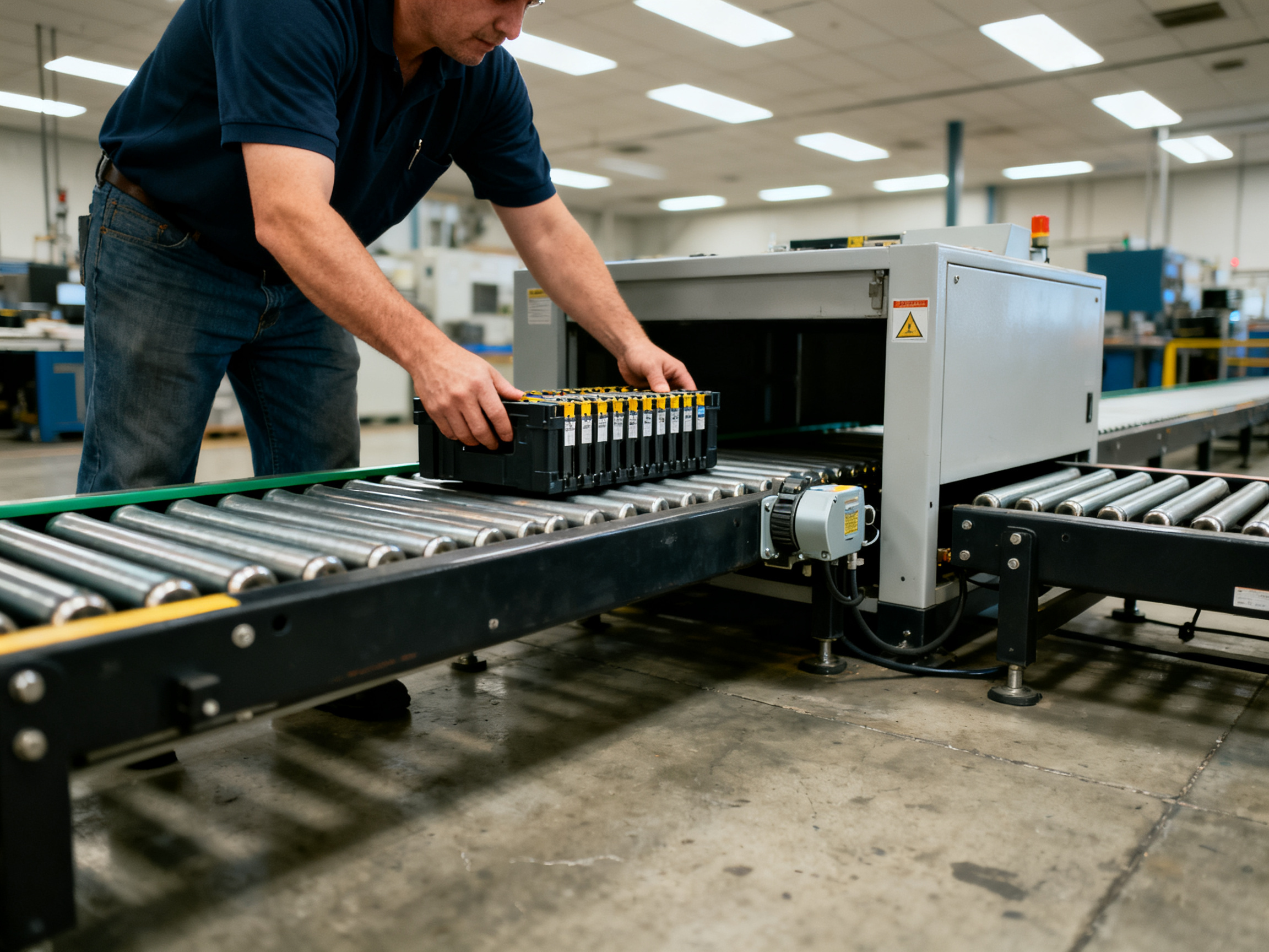 Powered Roller Conveyor Systems for Electronics Manufacturing: Safety, Compliance, and How to Choose the Right Solution1 - S&M Co.Ltd Documentary shot of PCB magazine loading station at powered roller conveyor in electronics manufacturing environment.