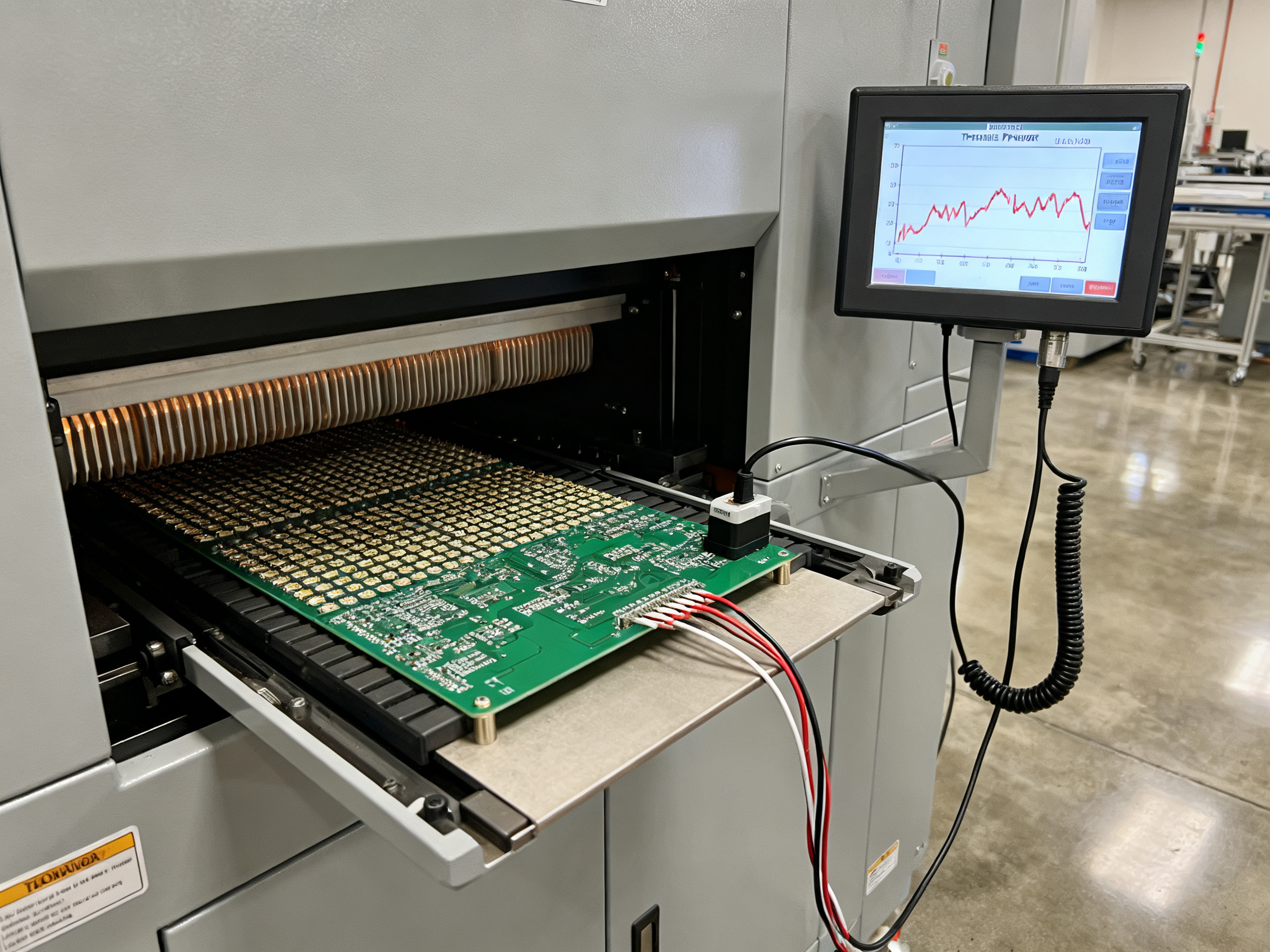 Mastering the Best Solder Joint for Reliability: Techniques, Comparisons, and Product Insights - S&M Co.Ltd Close up documentary of thermal profiler connected to pcb entering reflow oven.