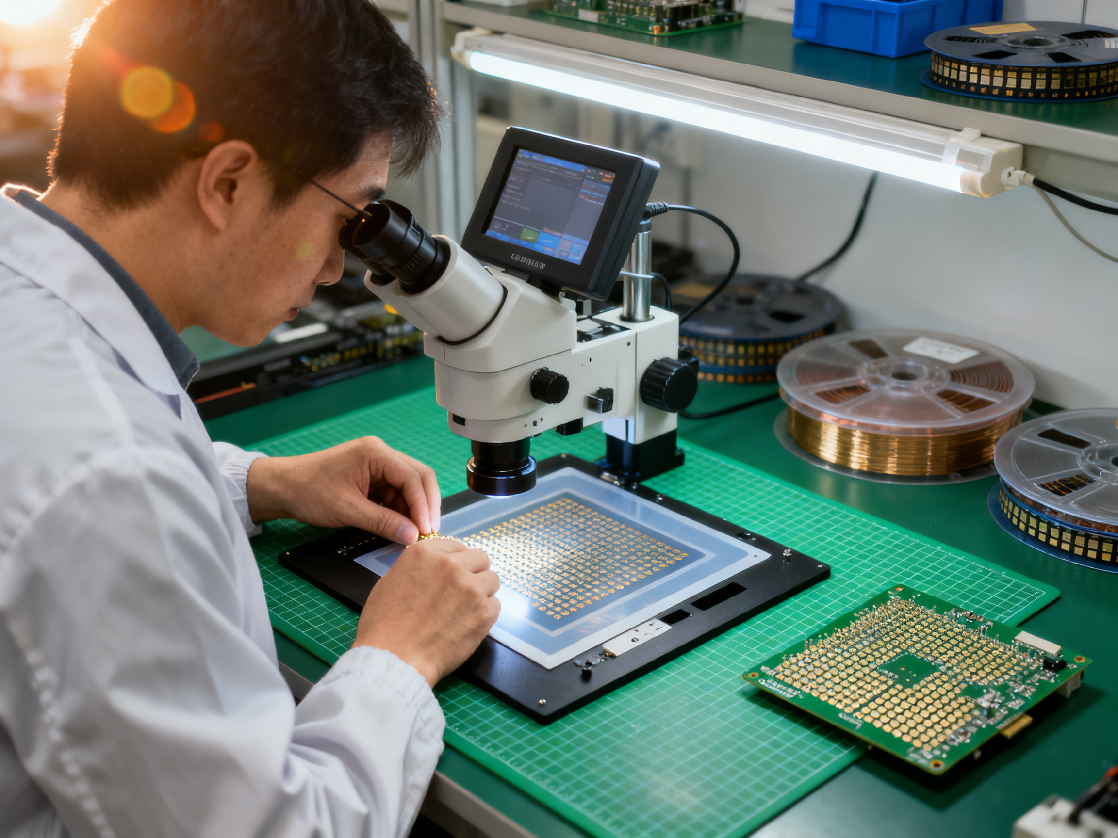 Mastering the Best Solder Joint for Reliability: Techniques, Comparisons, and Product Insights3 - S&M Co.Ltd Chest height documentary shot of engineer using digital microscope to inspect from above.