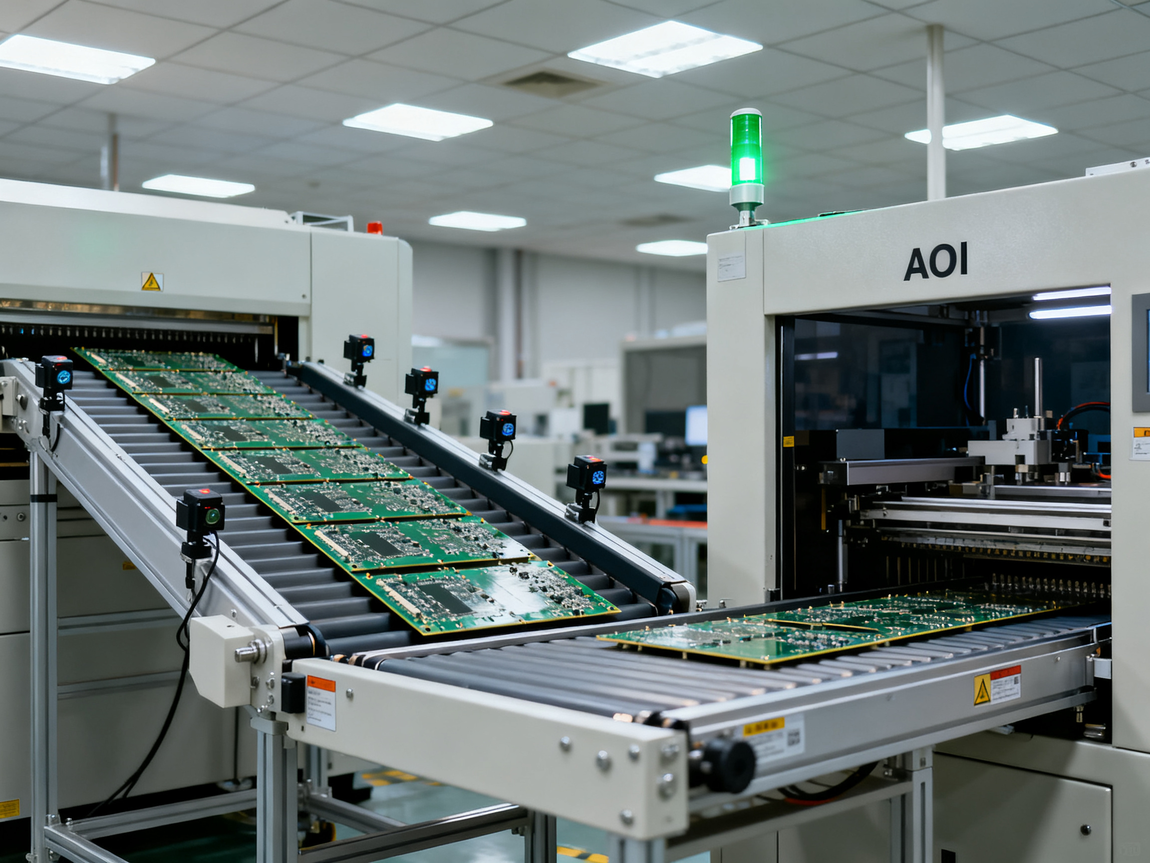 Decline conveyor section transferring pcb from reflow oven exit to aoi inspection station.