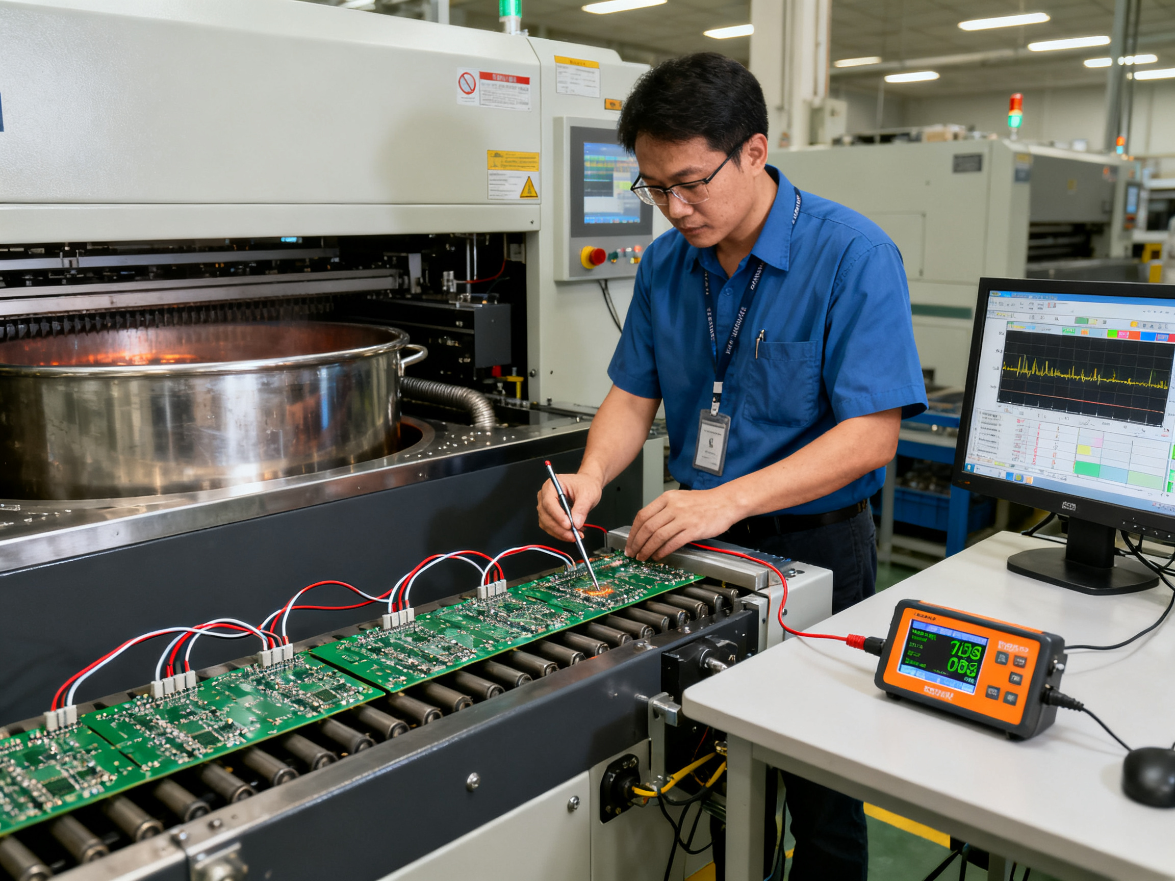 Electronics manufacturing engineer validating thermal profile on wave soldering.