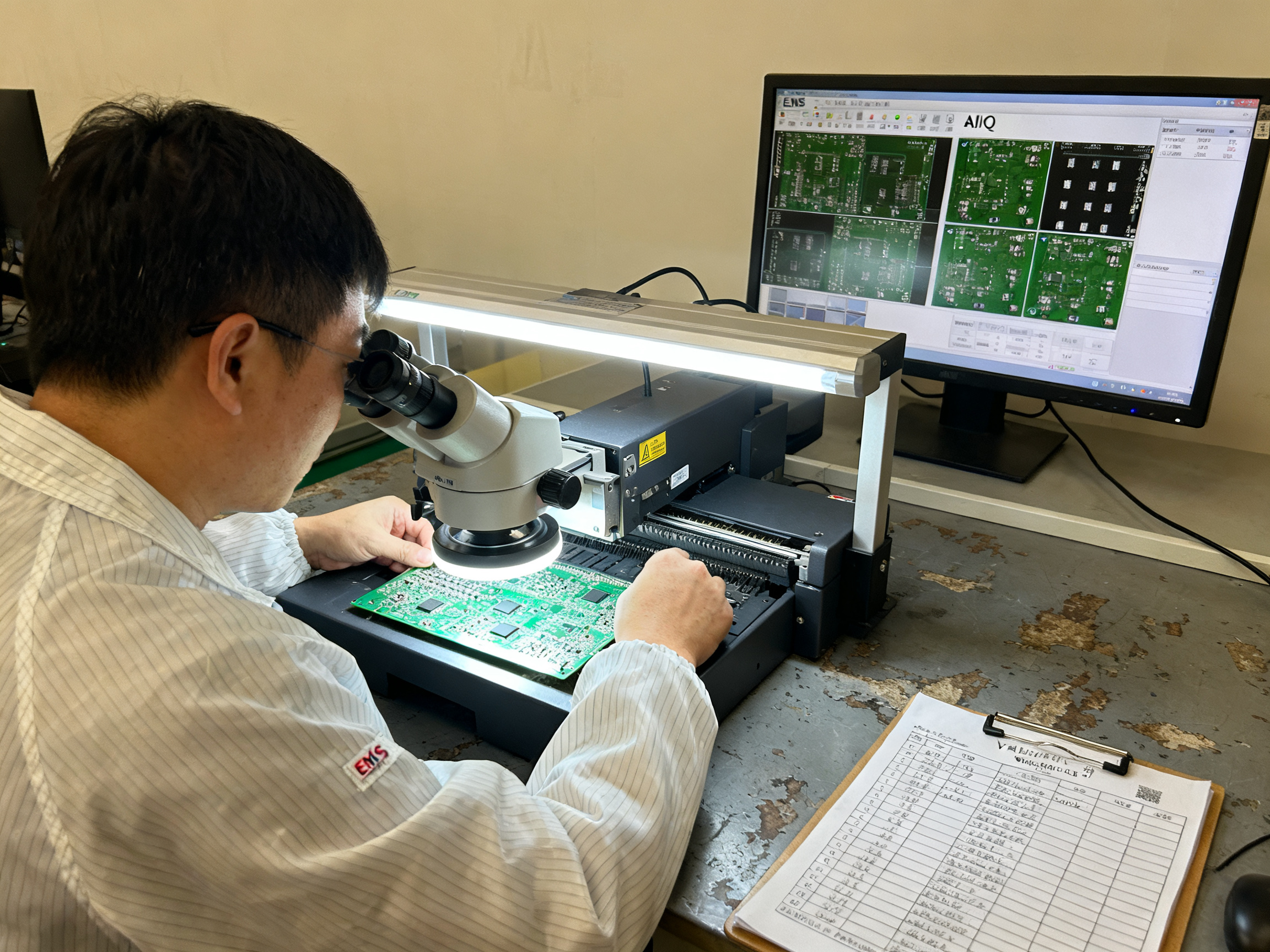 Ems engineer performing first article inspection on smt line examining populated 1786380732213.