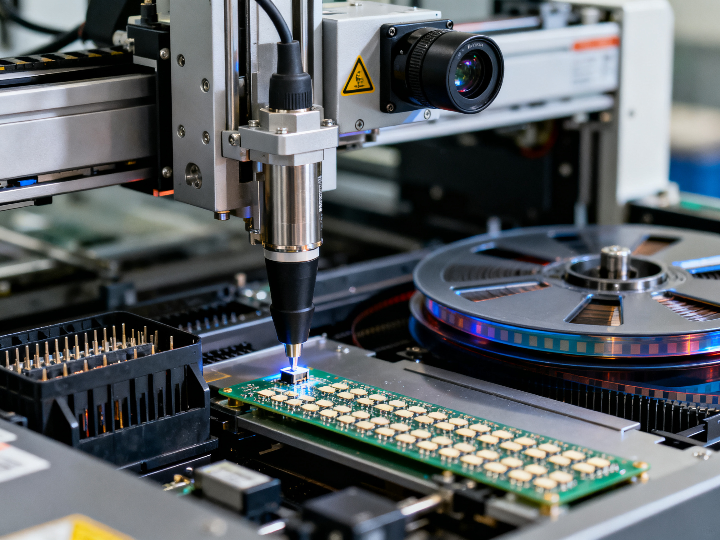 Close up of smt pick and place head with vacuum nozzle picking component from ta 1786380784880.
