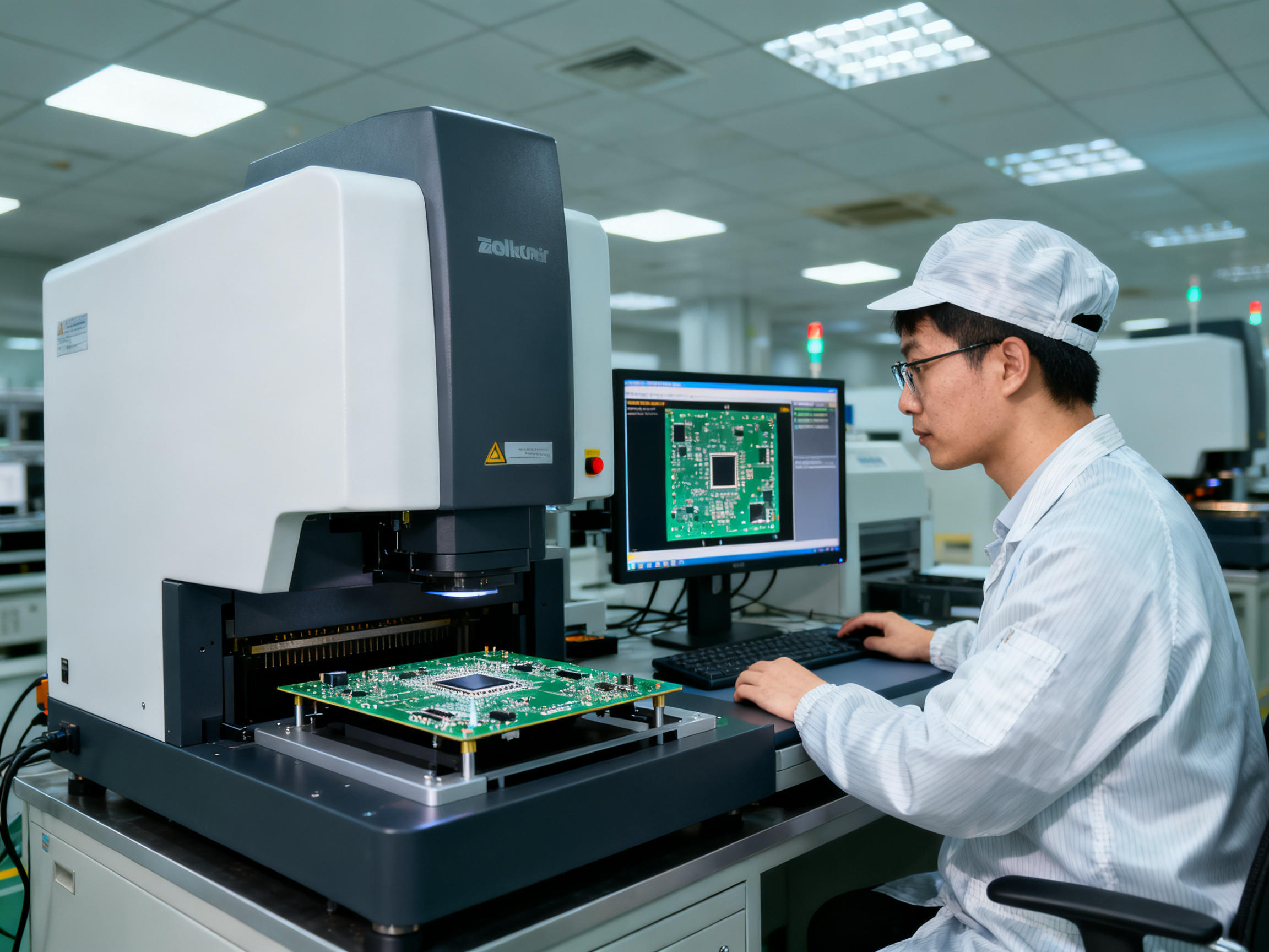 Quality engineer inspects assembled PCB using X-ray machine for BGA and QFN void inspection.