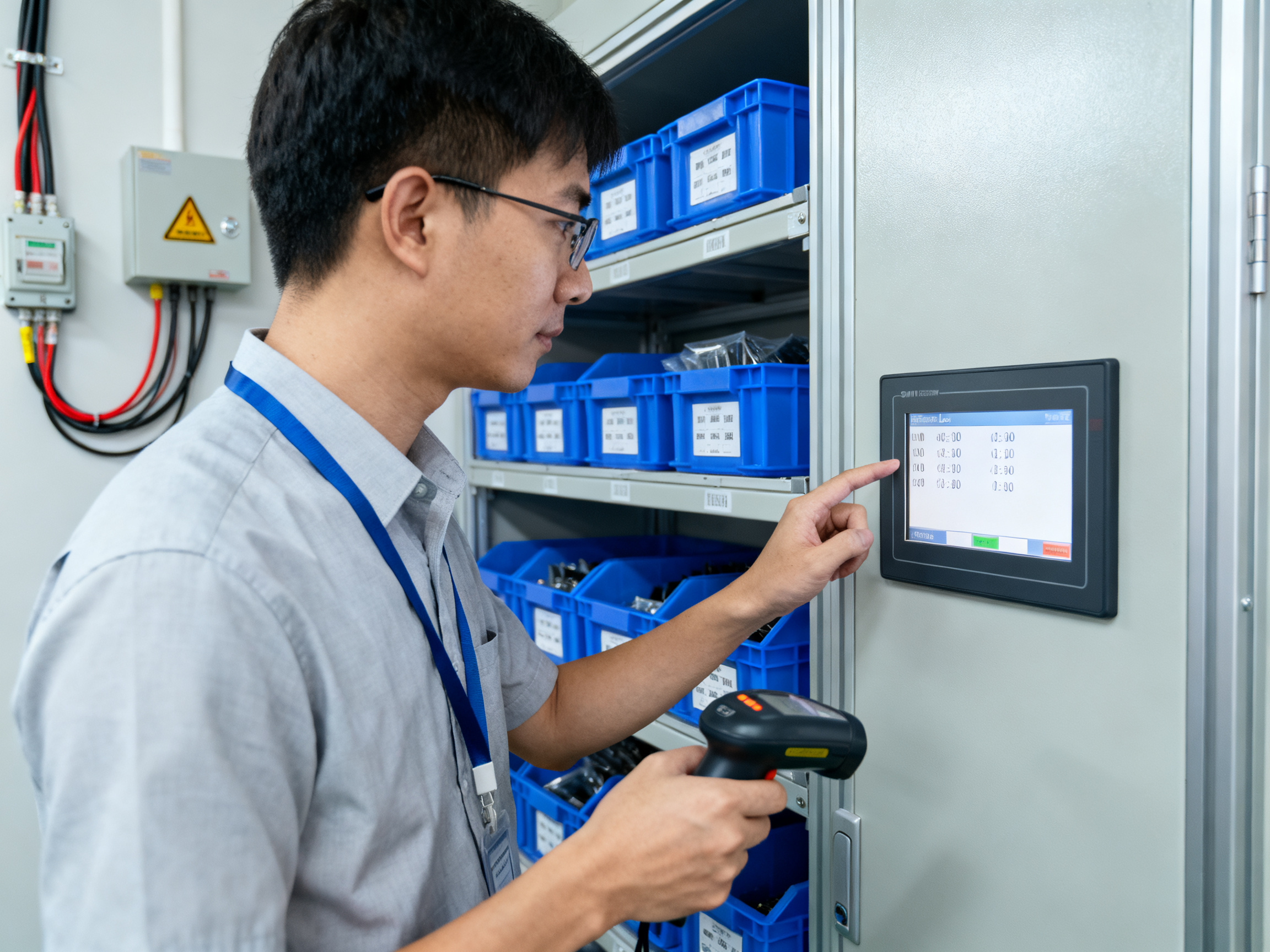 Top Solder Paste Storage Solutions: Refrigerators, Cabinets, and Best Practices2 - S&M Co.Ltd Industrial monitoring workstation in an SMT factory, a technician reviewing temperature data and traceability logs.