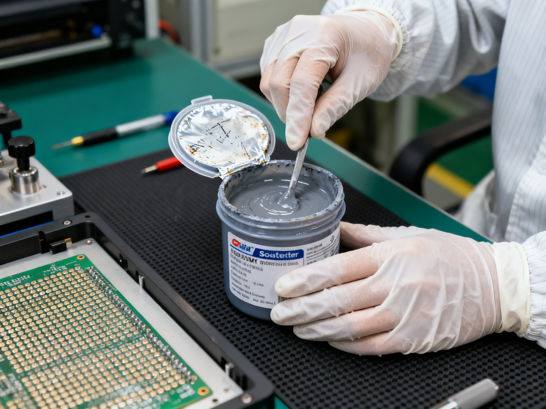 Top Solder Paste Storage Solutions: Refrigerators, Cabinets, and Best Practices1 - S&M Co.Ltd Close detail of an SMT process engineer wearing nitrile gloves opening a sealed solder paste container.