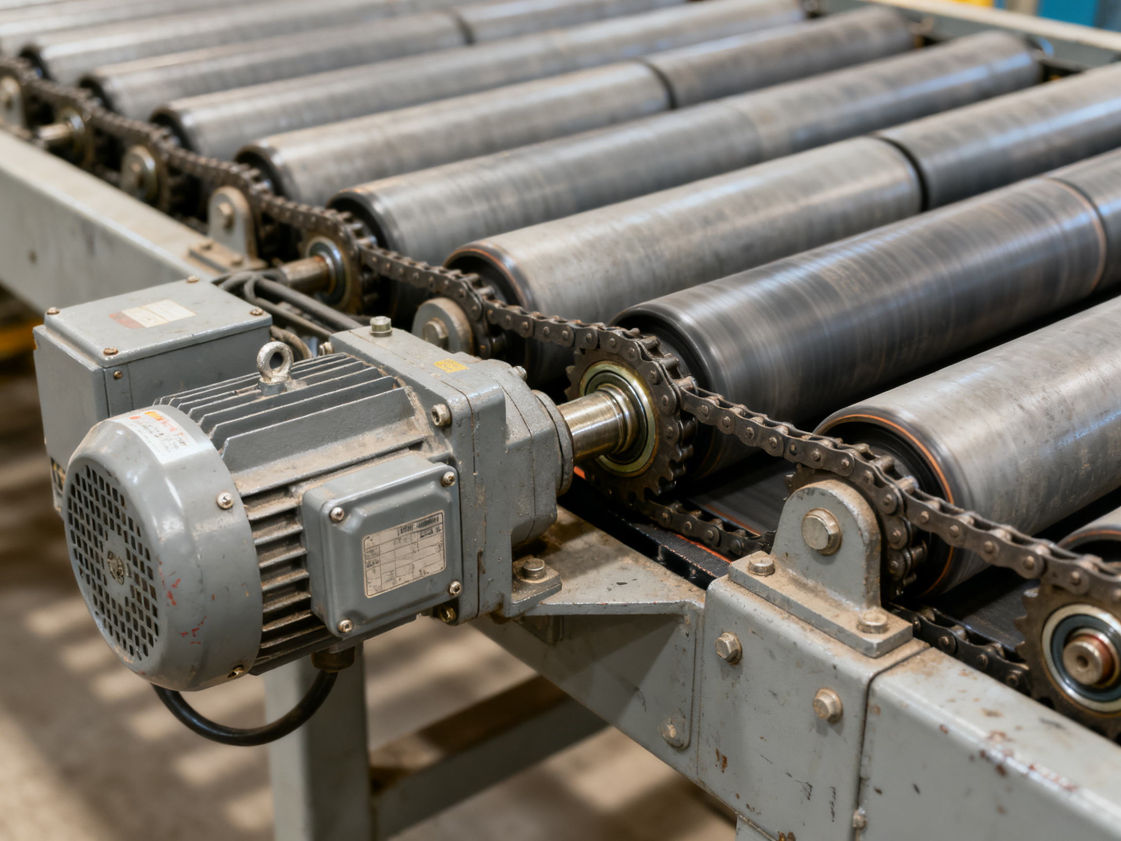 Top 10 Roller Conveyor Systems and Manufacturers in 20261 - S&M Co.Ltd Close up detail of motorized roller conveyor drive zone showing individual power units.
